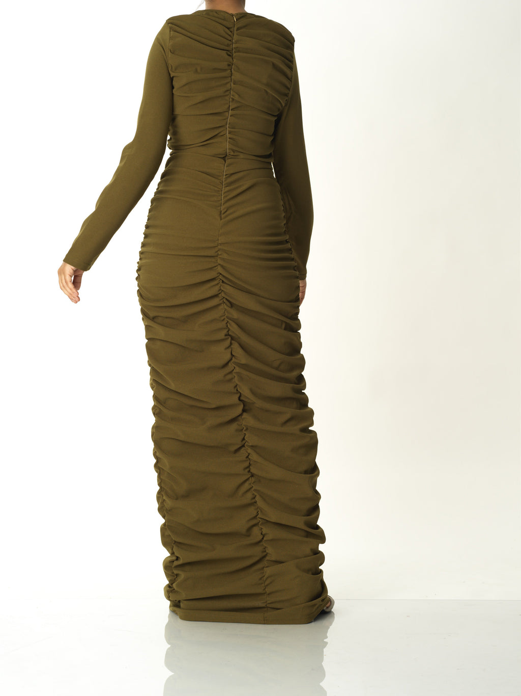 Carolina Olive Ruched Ponte Maxi Dress