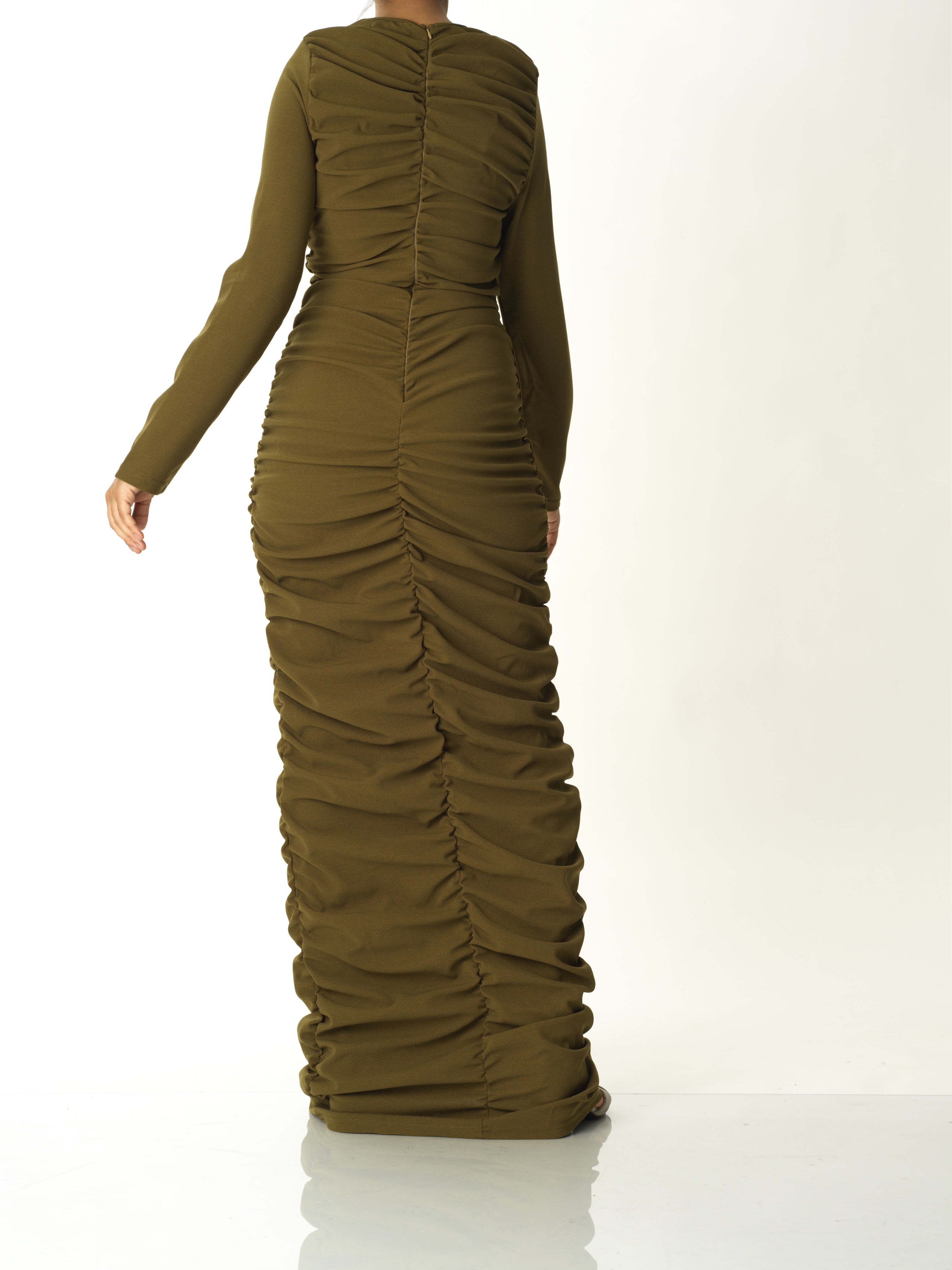 Carolina Olive Ruched Ponte Maxi Dress