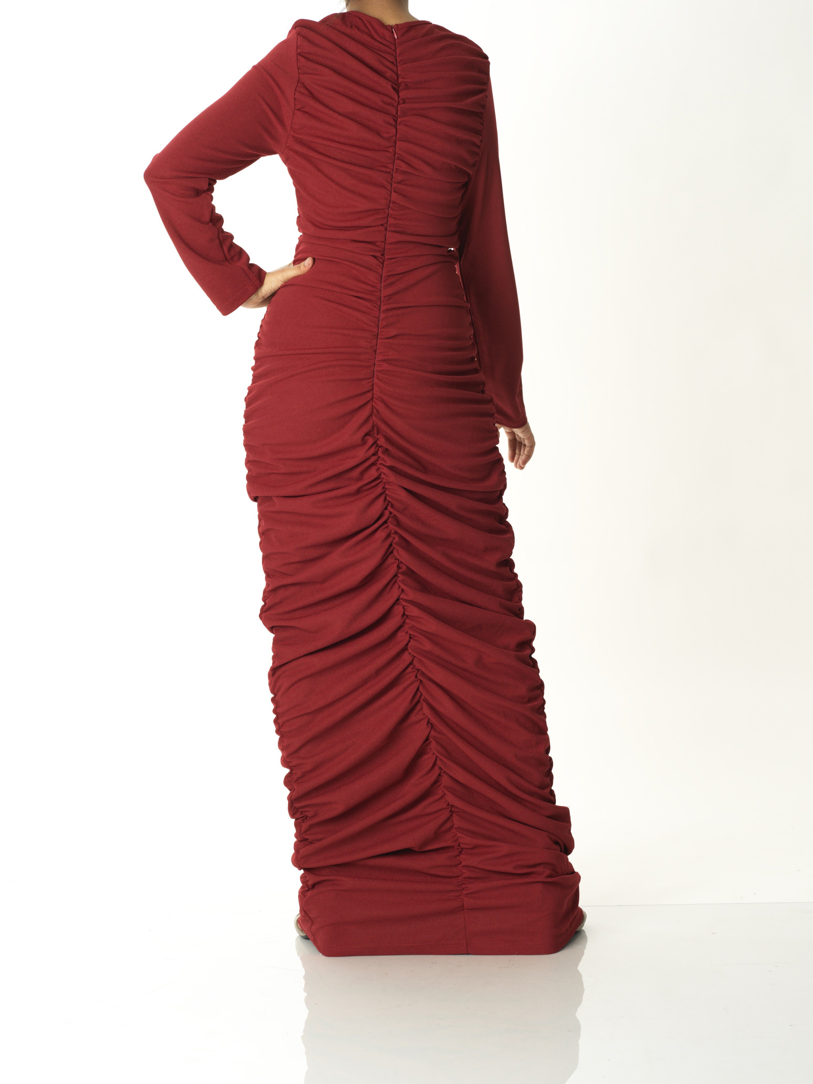 Carolina Maroon Ruched Ponte Maxi Dress