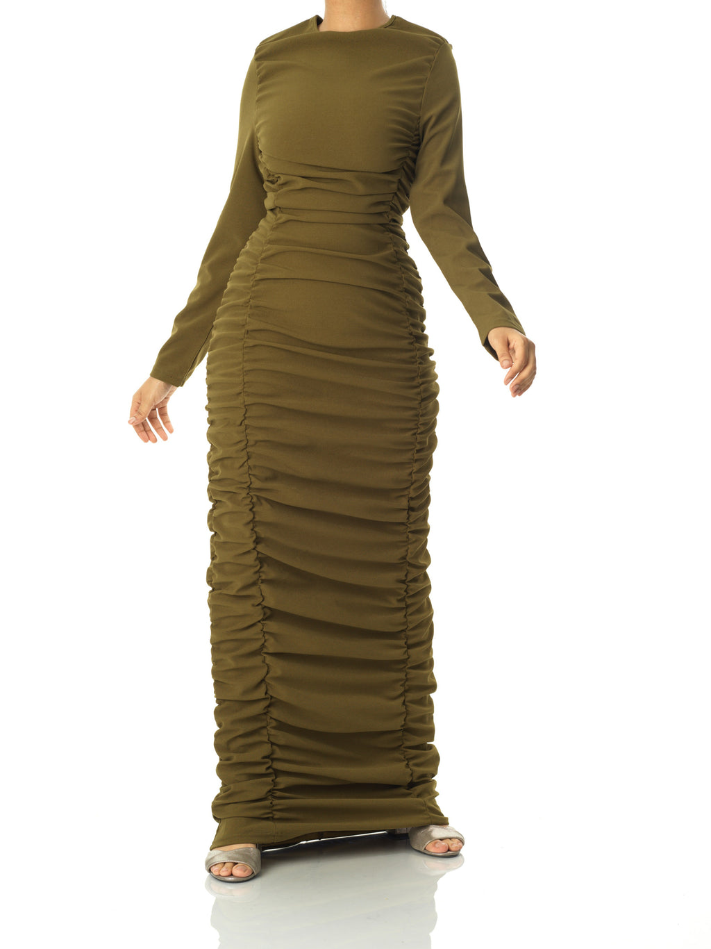 Carolina Olive Ruched Ponte Maxi Dress