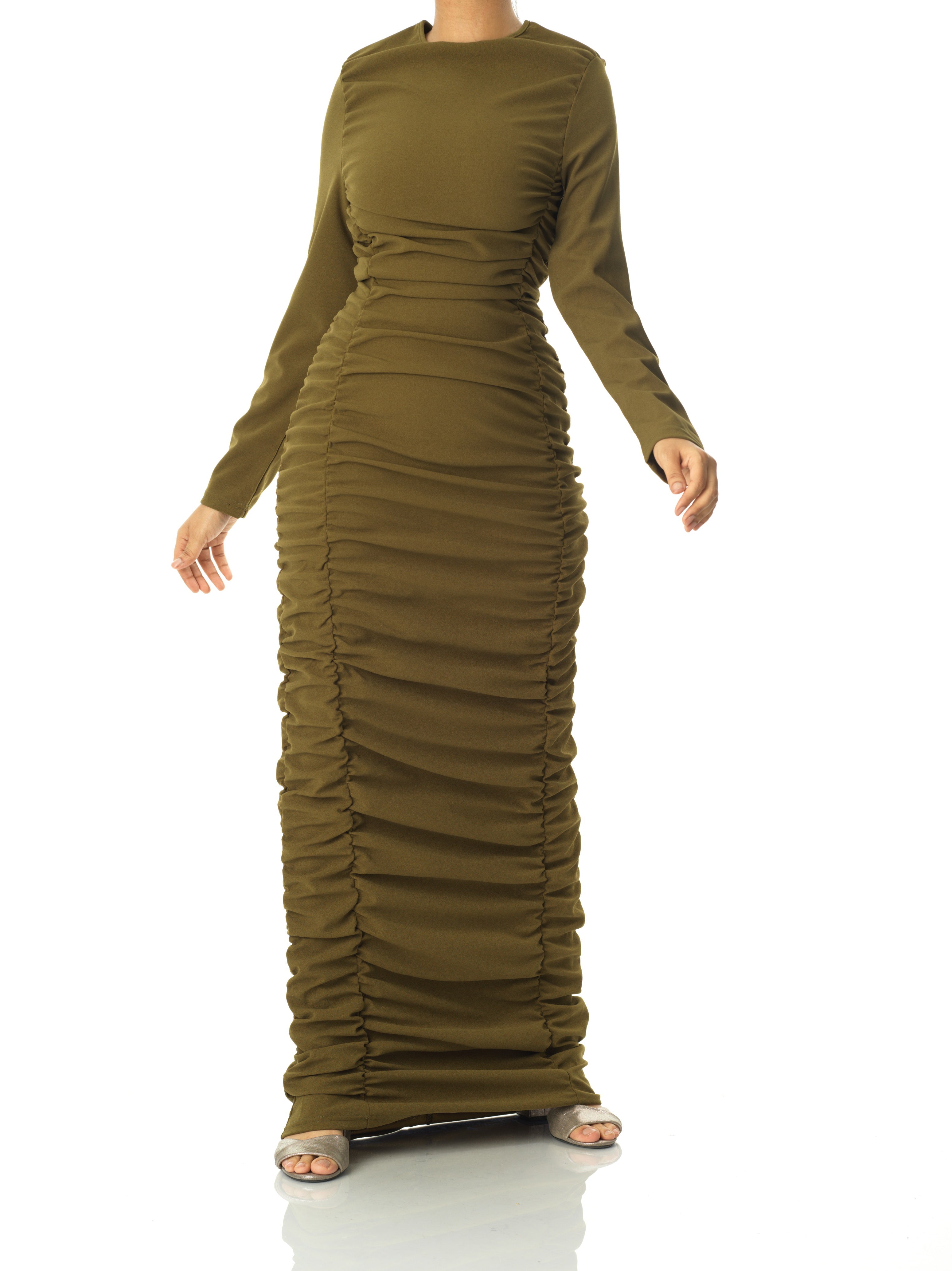 Carolina Olive Ruched Ponte Maxi Dress