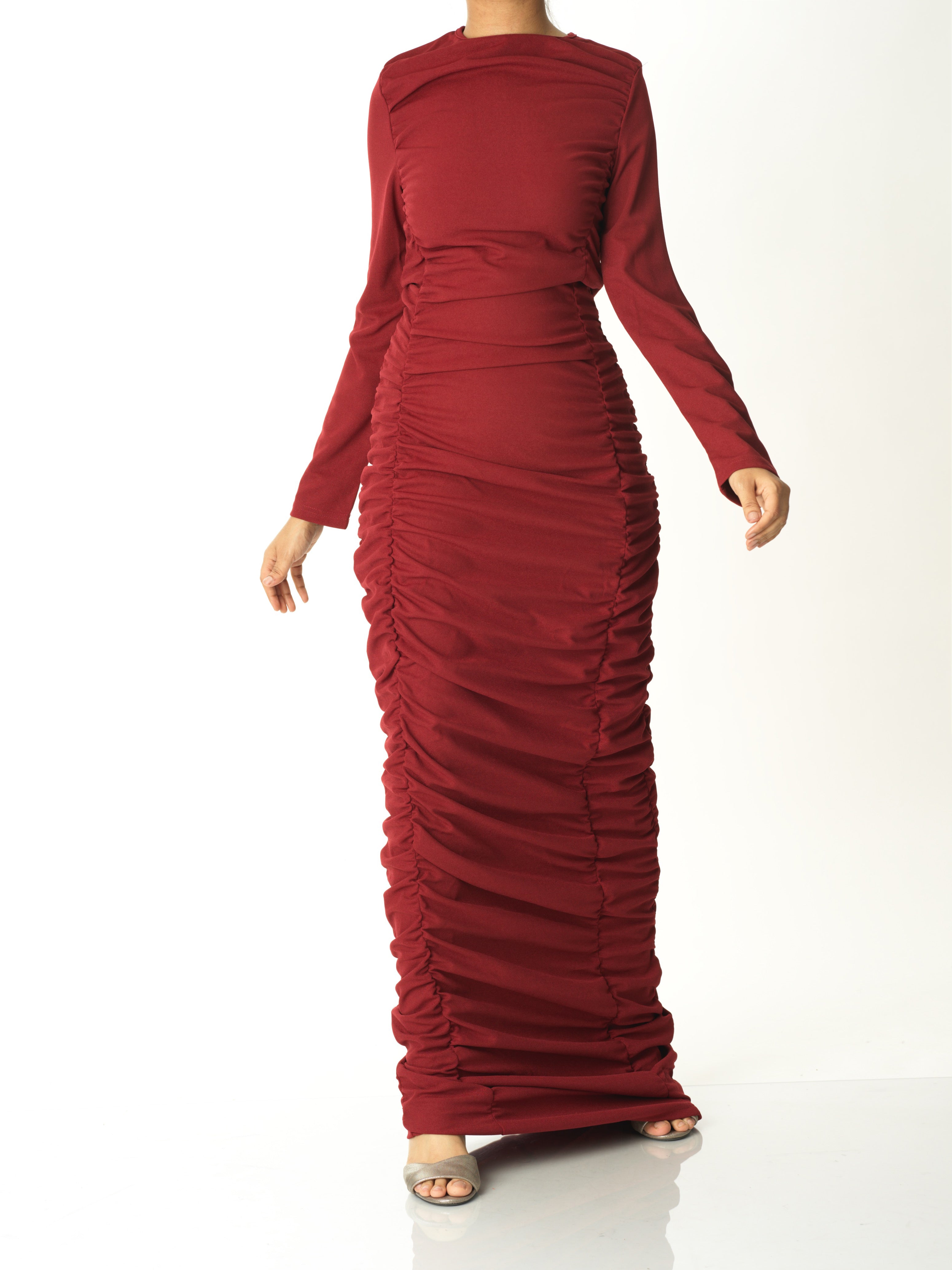 Carolina Maroon Ruched Ponte Maxi Dress