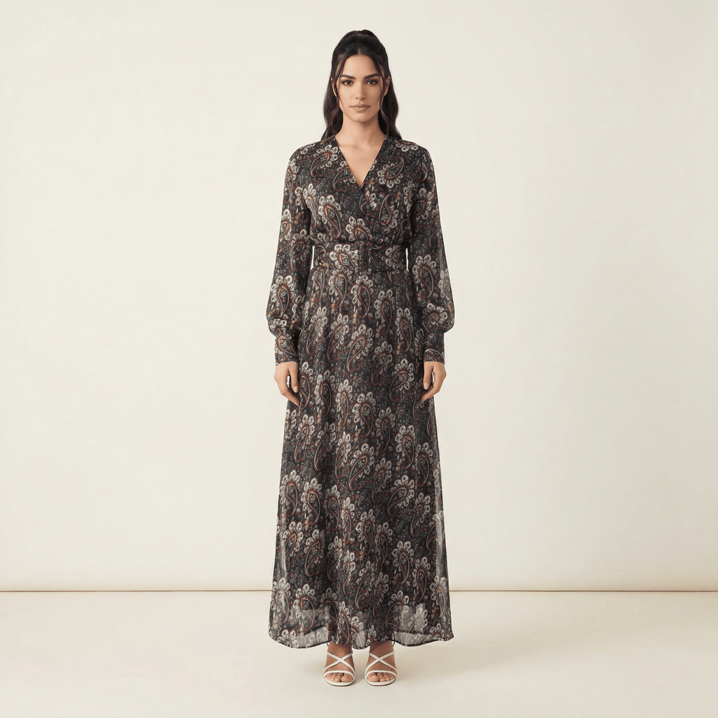 Farrow Black Paisley Chiffon Maxi Dress