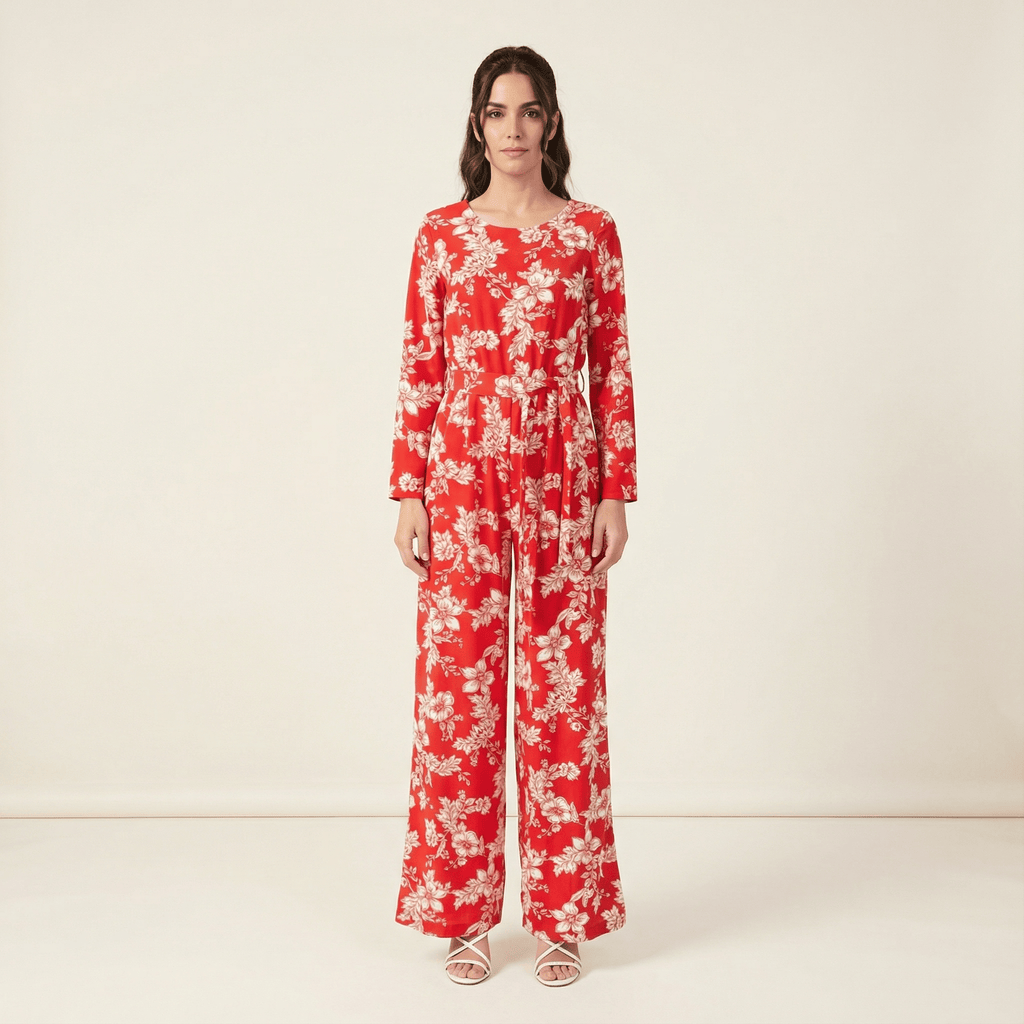 Teagan Red Floral Long-Sleeve Jumpsuit