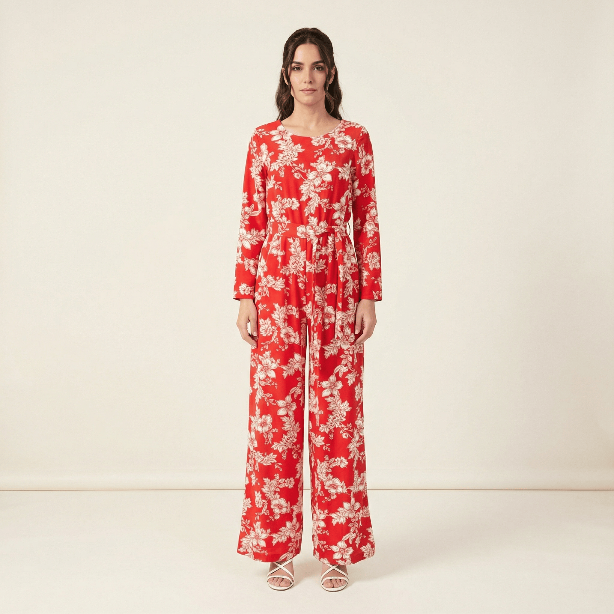Teagan Red Floral Long-Sleeve Jumpsuit