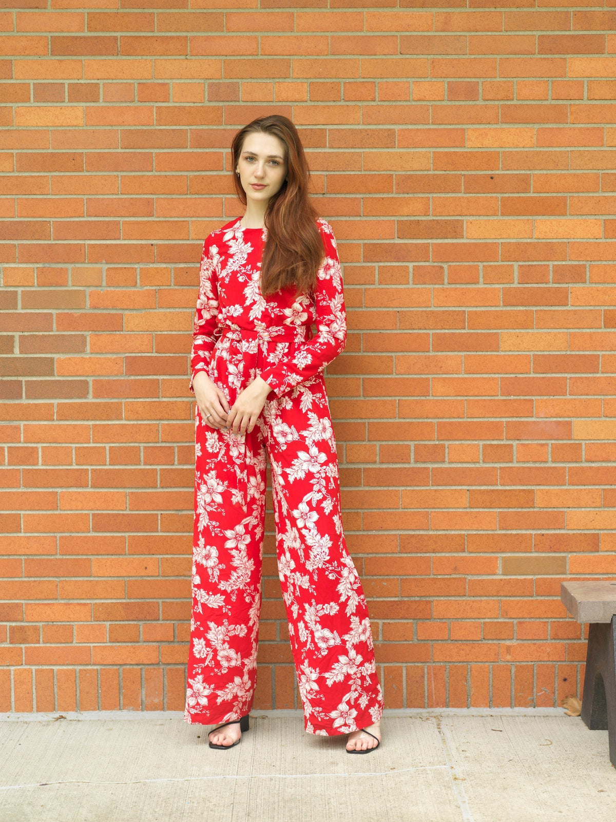 Teagan Red Floral Long-Sleeve Jumpsuit