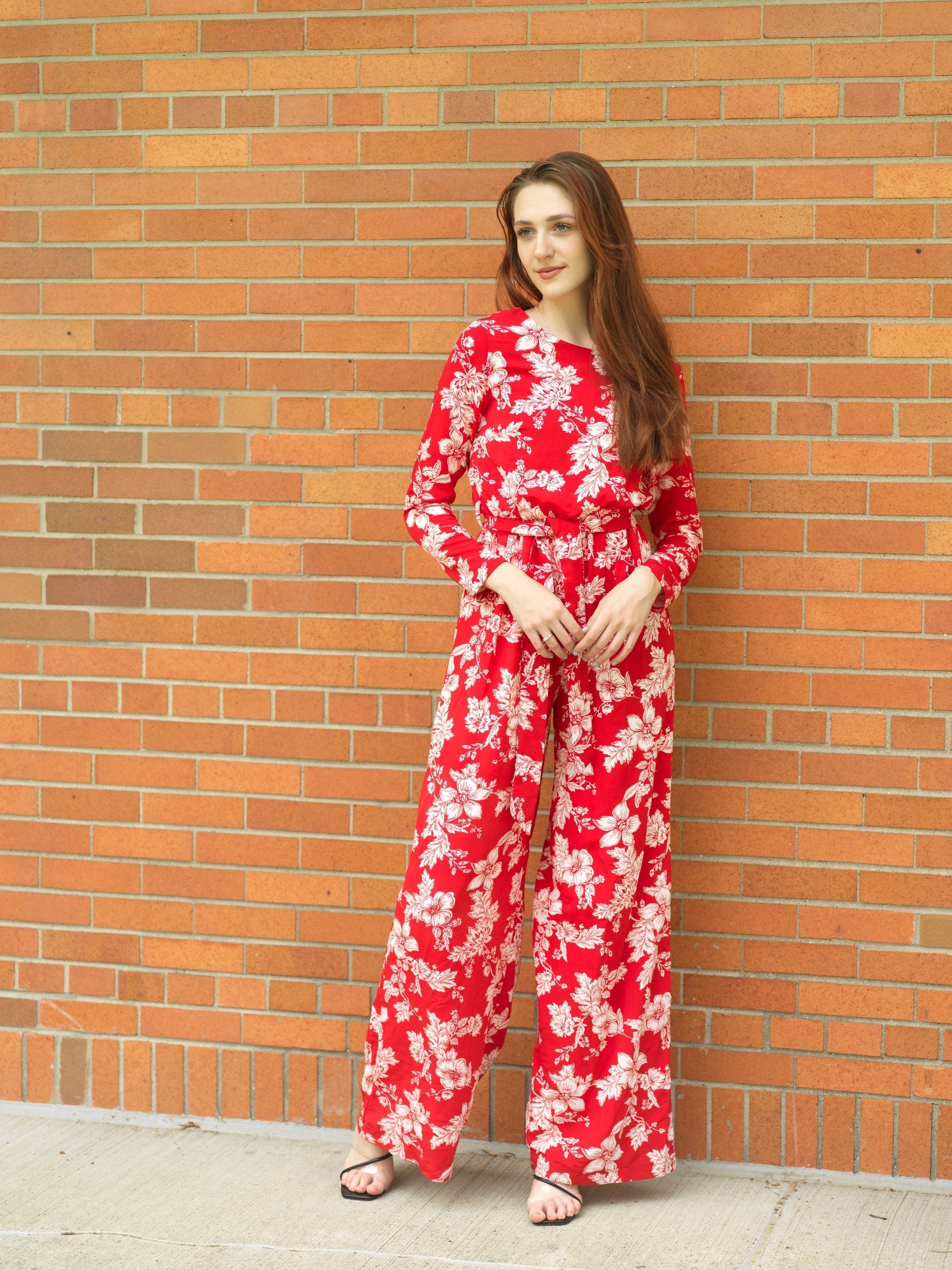 Teagan Red Floral Long-Sleeve Jumpsuit