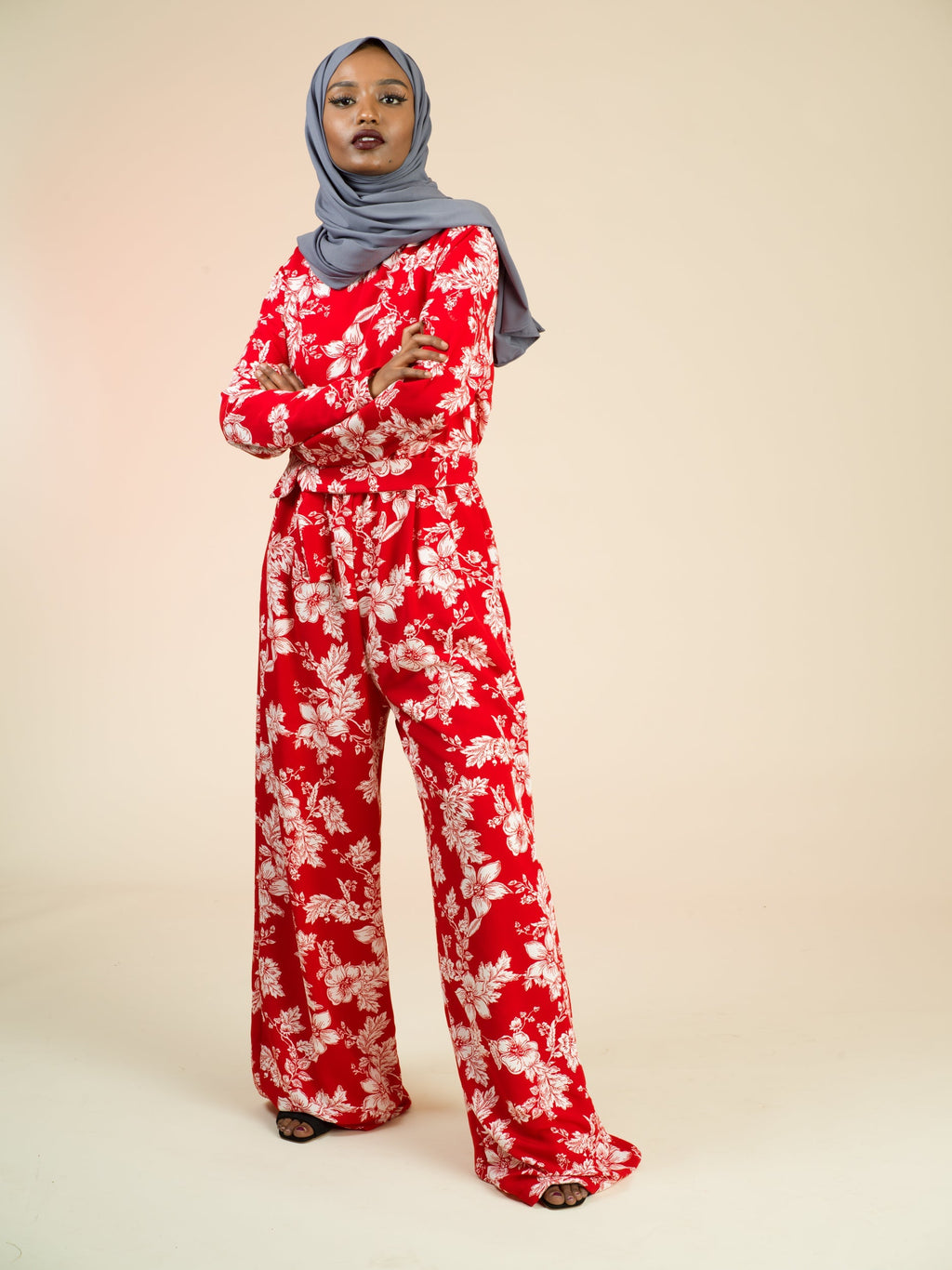 Teagan Red Floral Long-Sleeve Jumpsuit
