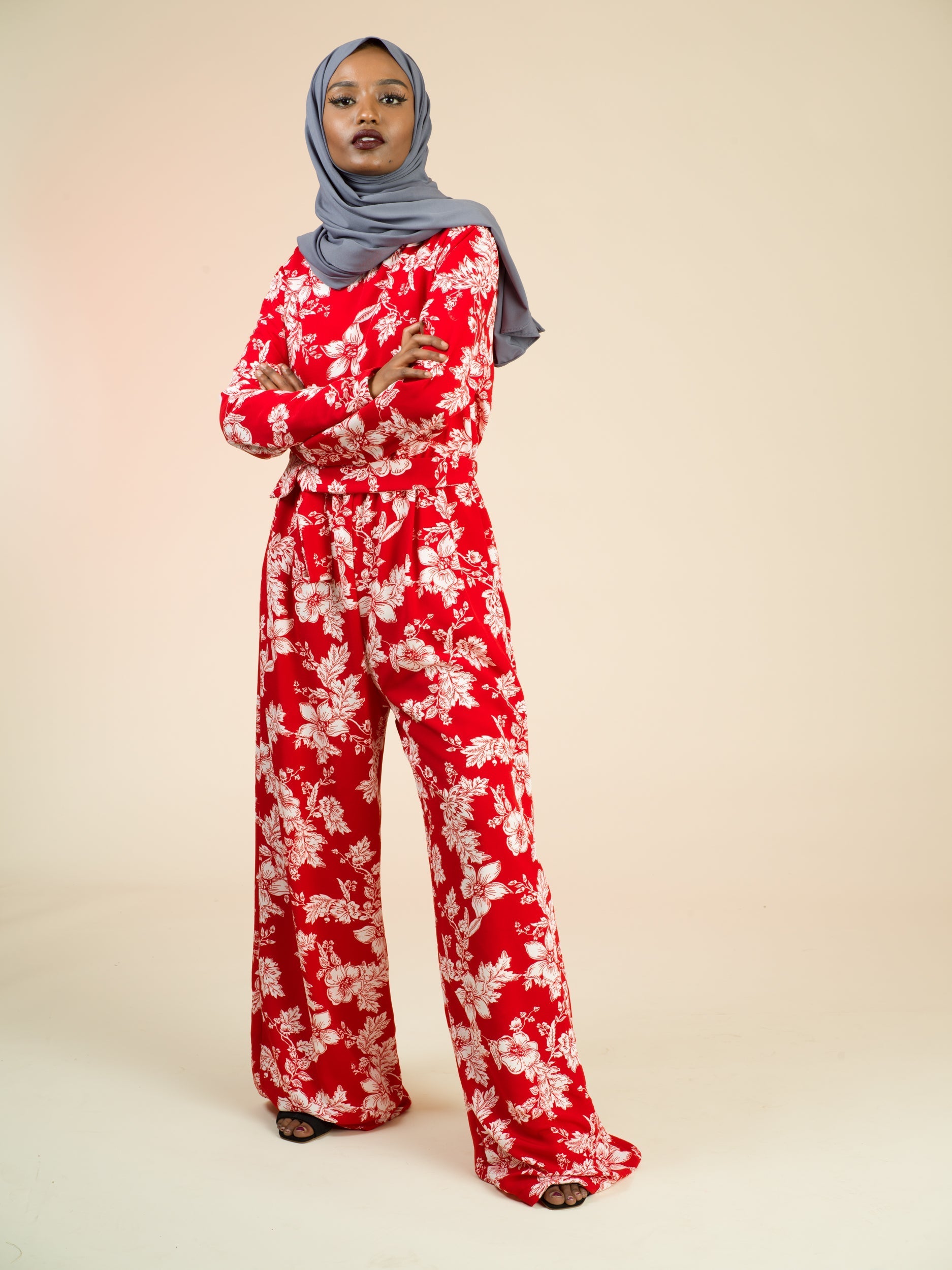 Teagan Red Floral Long-Sleeve Jumpsuit