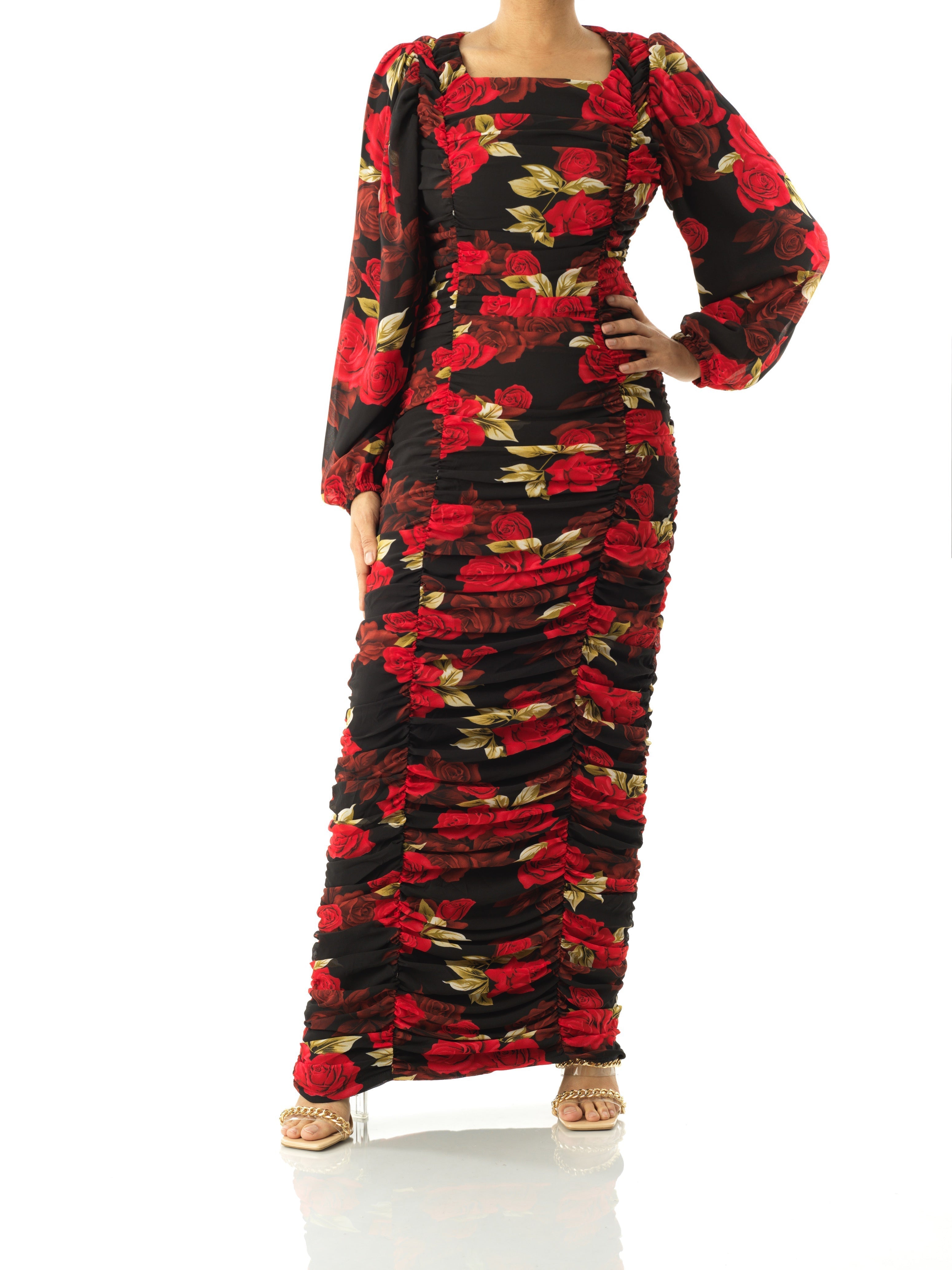 Leighton Roses Chiffon Bodycon Maxi Dress