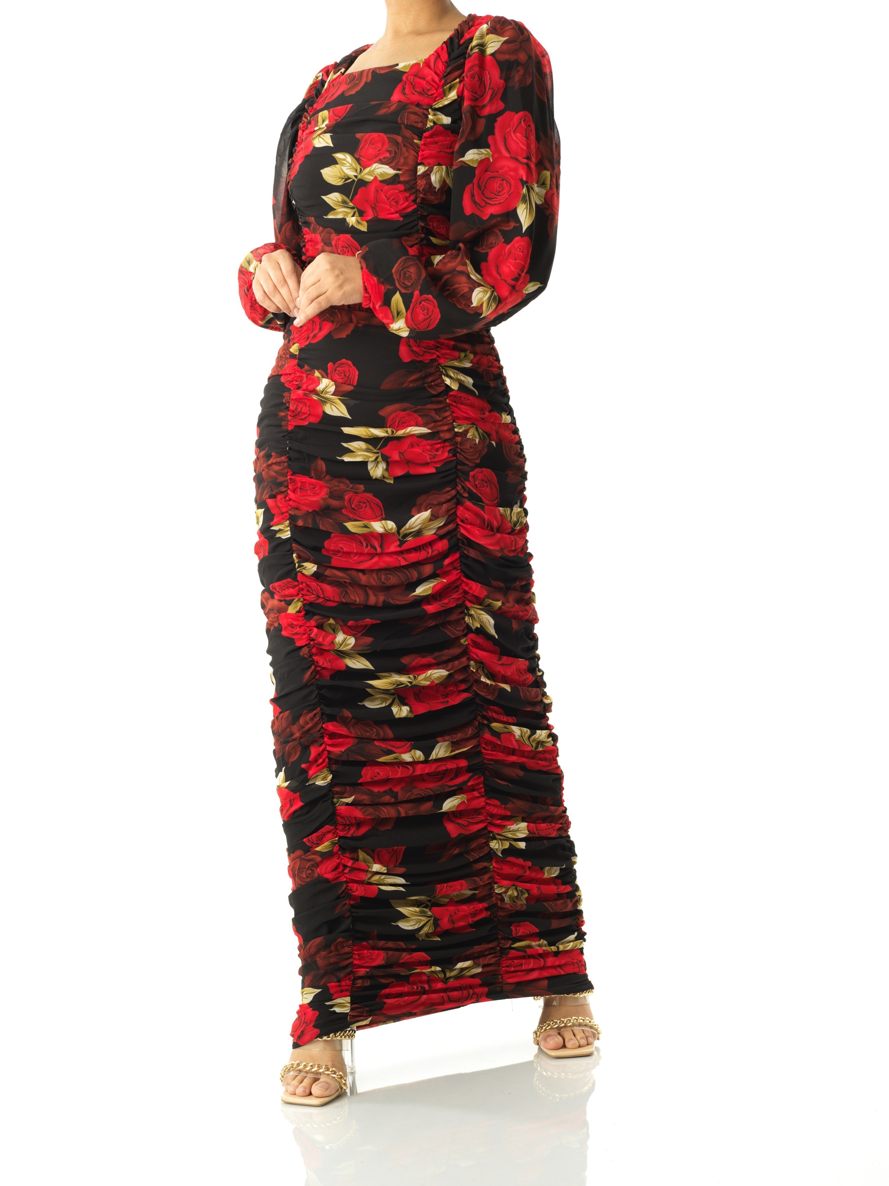 Leighton Roses Chiffon Bodycon Maxi Dress