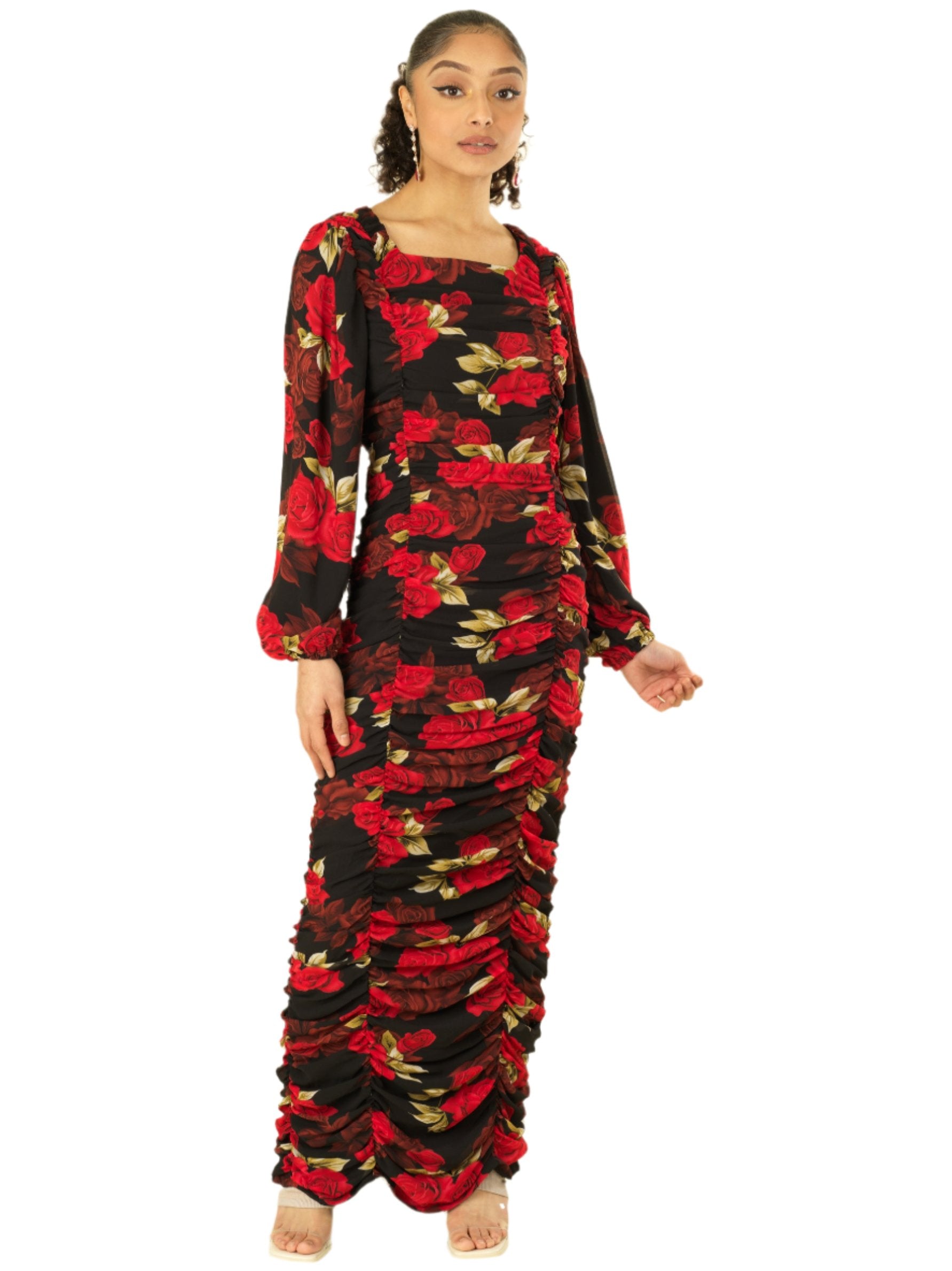 Leighton Roses Chiffon Bodycon Maxi Dress
