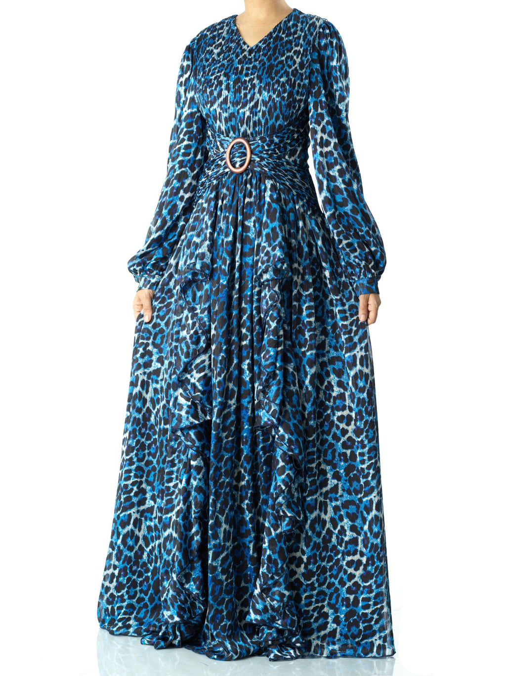 Emmaline Electric Cheetah-Print Long-Sleeve Maxi Dress