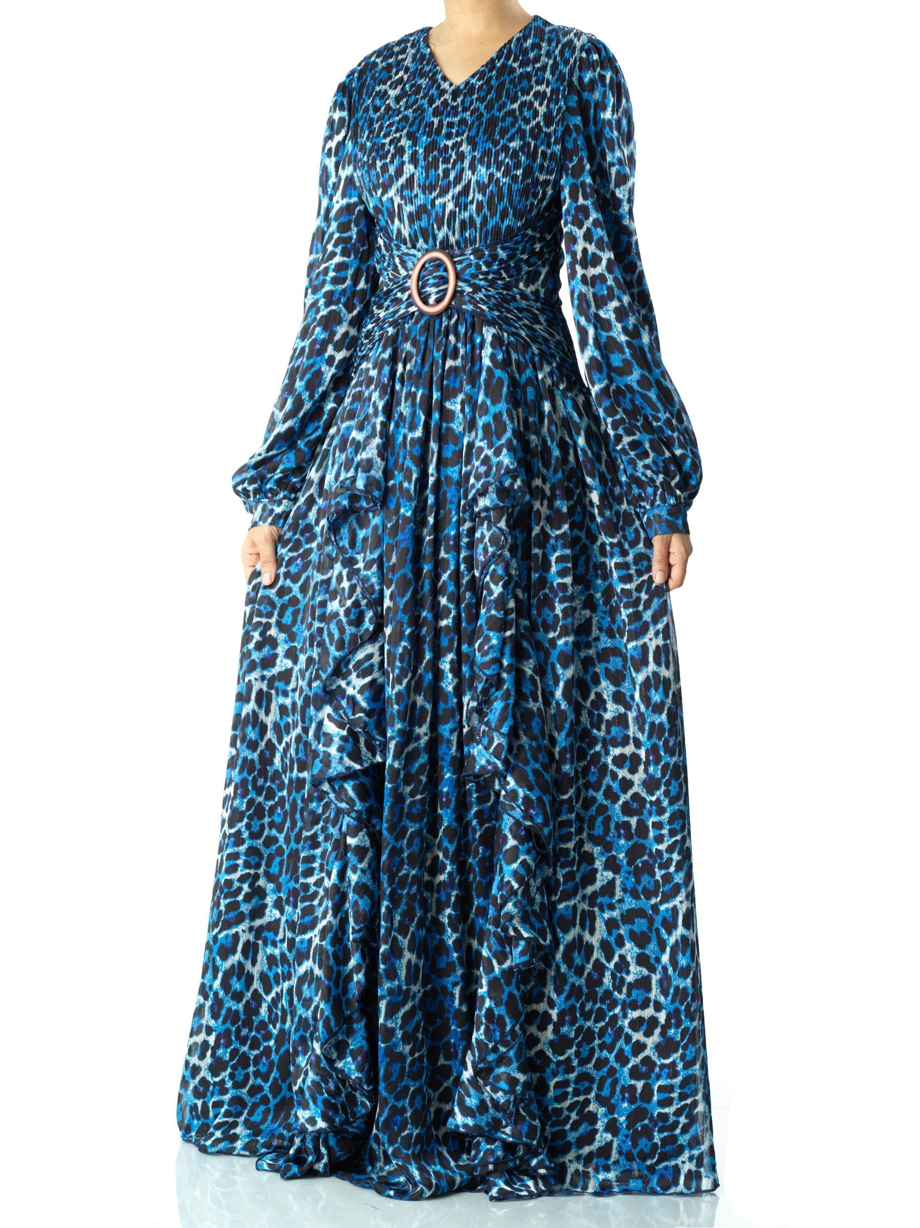Emmaline Electric Cheetah-Print Long-Sleeve Maxi Dress