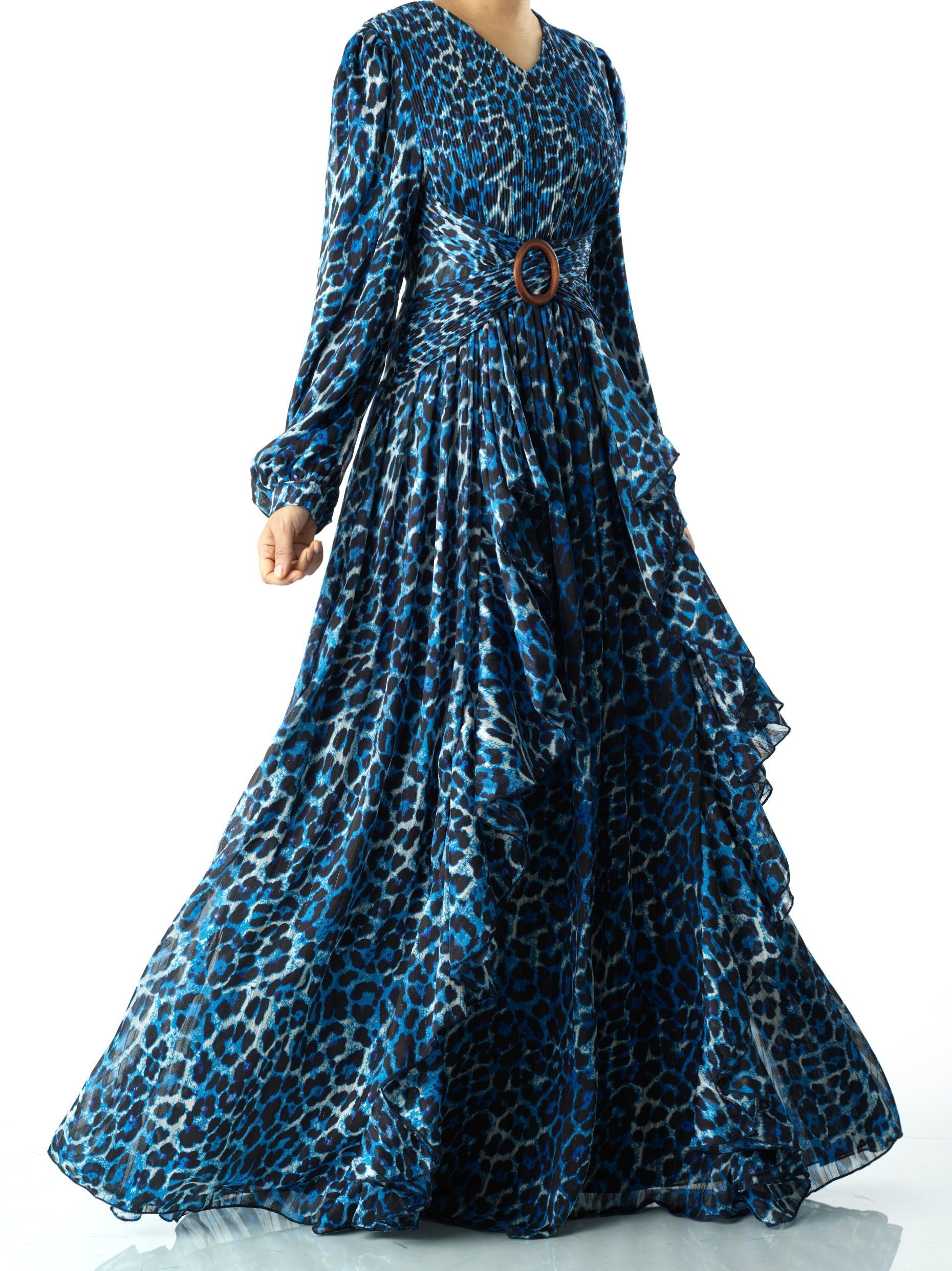 Emmaline Electric Cheetah-Print Long-Sleeve Maxi Dress