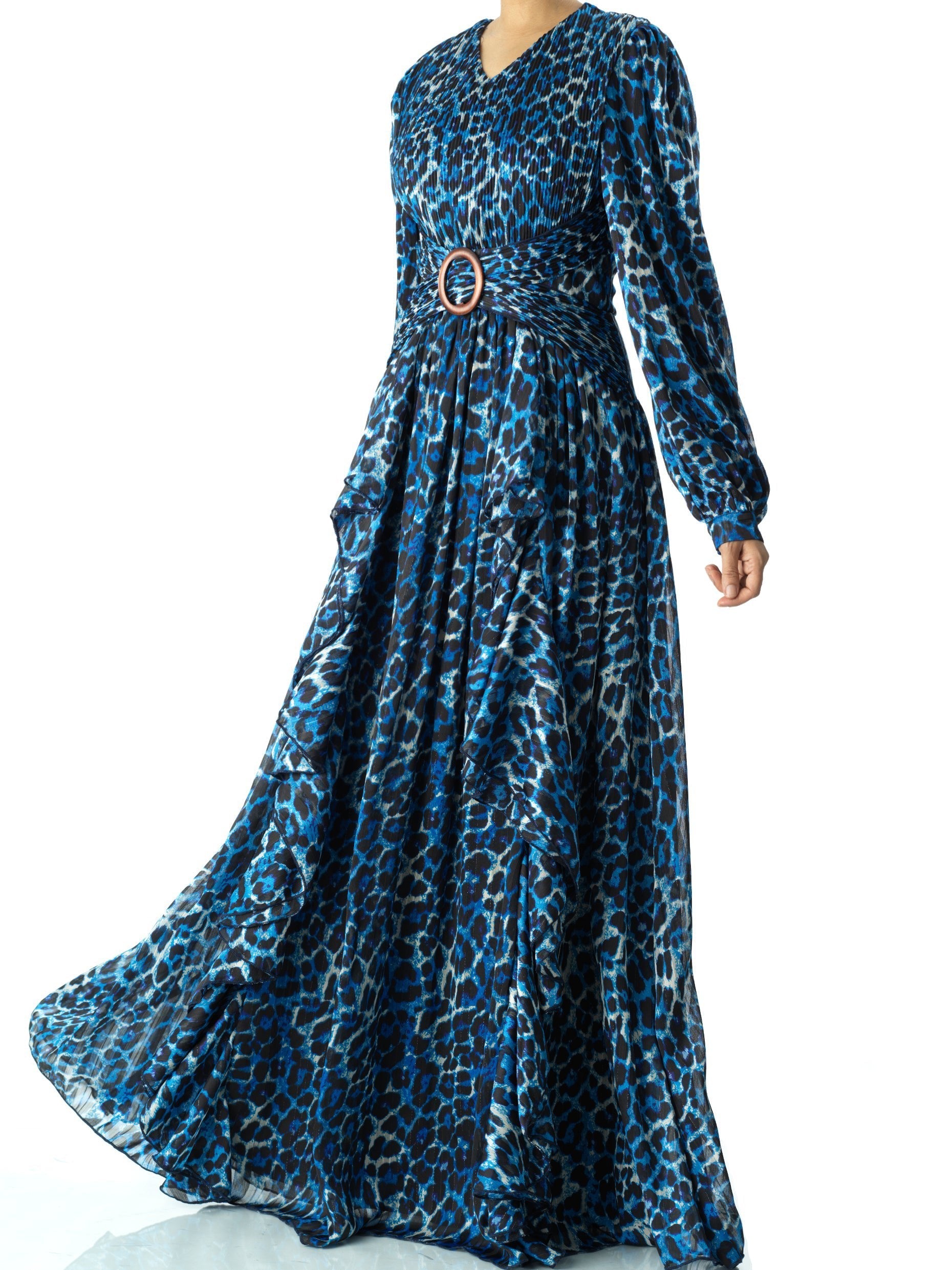 Emmaline Electric Cheetah-Print Long-Sleeve Maxi Dress