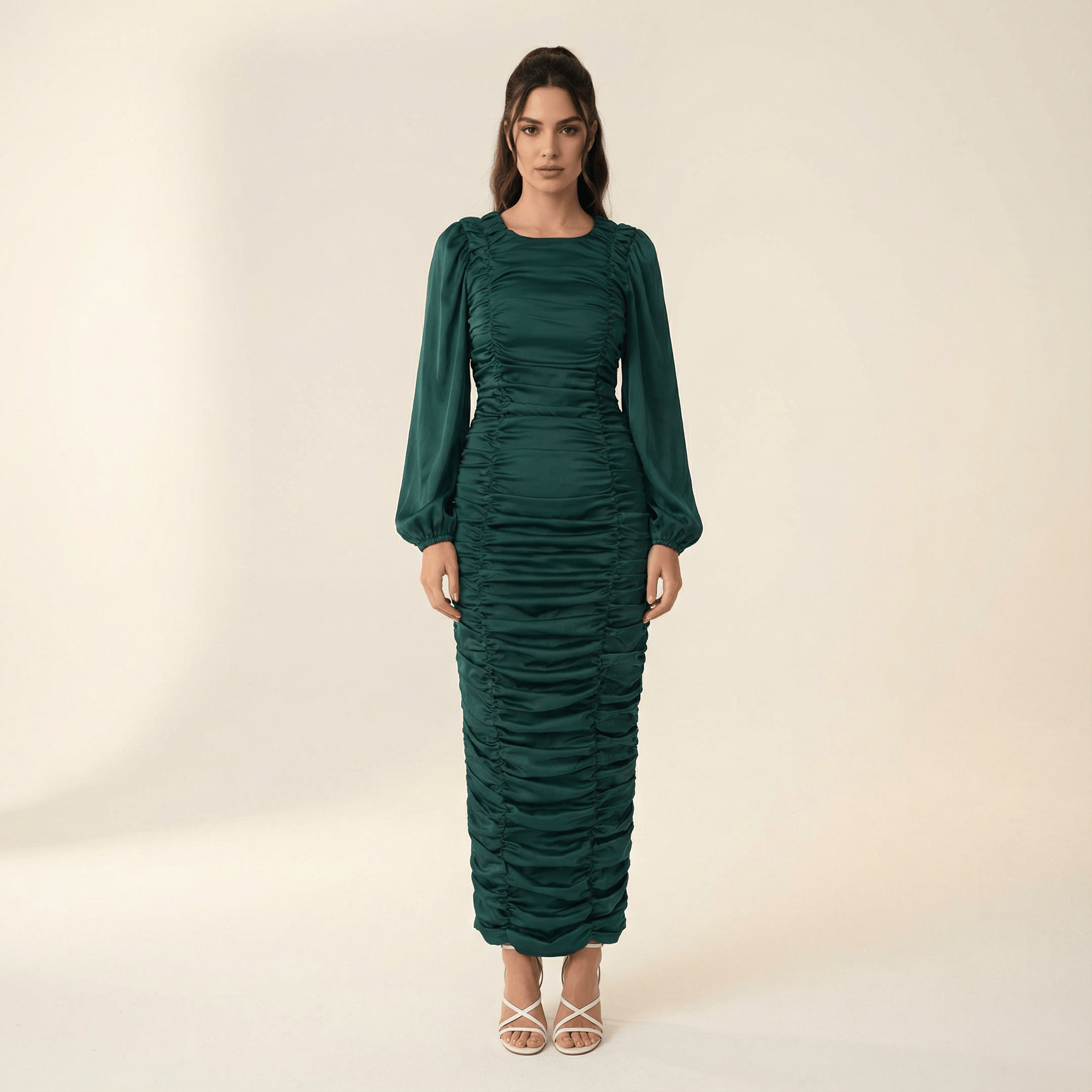 Clemence Emerald Green Ruched Satin Bodycon Maxi Dress