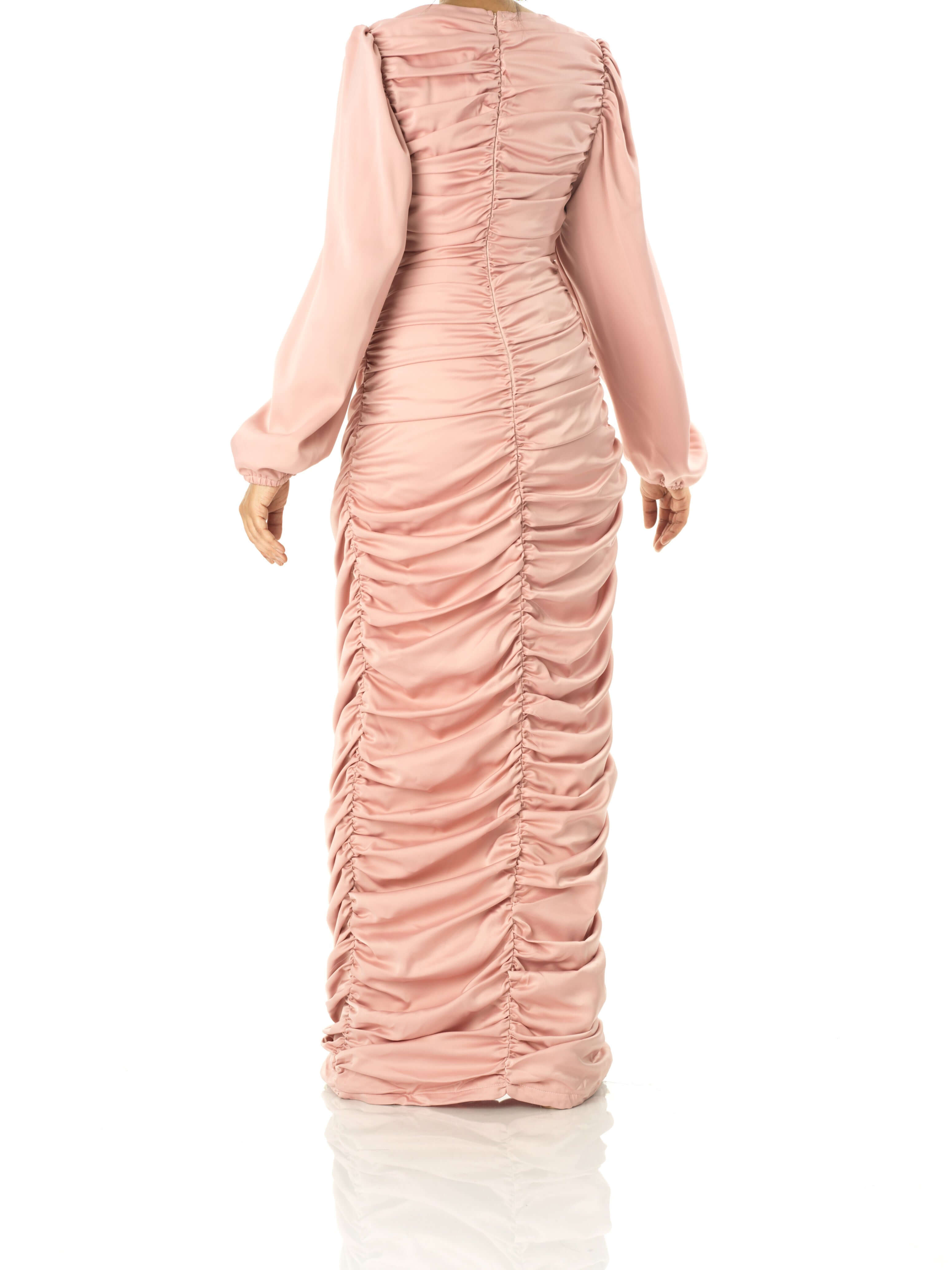Clemence Pastel Mauve Ruched Satin Bodycon Maxi Dress