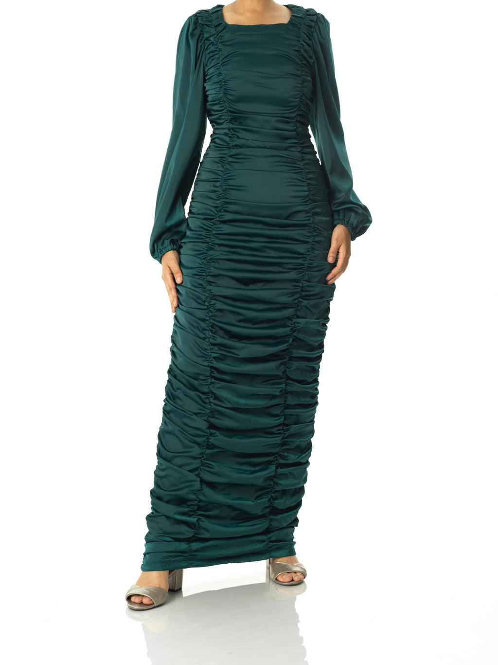 Clemence Emerald Green Ruched Satin Bodycon Maxi Dress