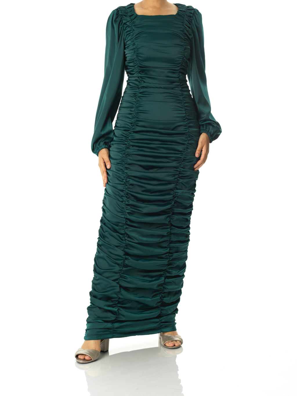 Clemence Emerald Green Ruched Satin Bodycon Maxi Dress