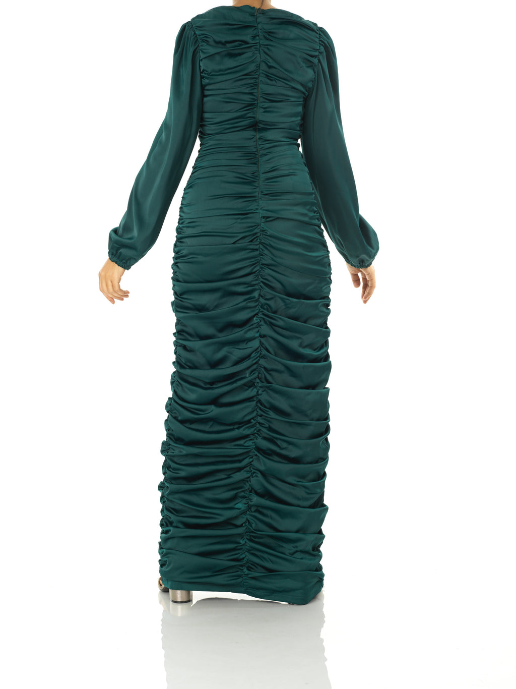 Clemence Emerald Green Ruched Satin Bodycon Maxi Dress