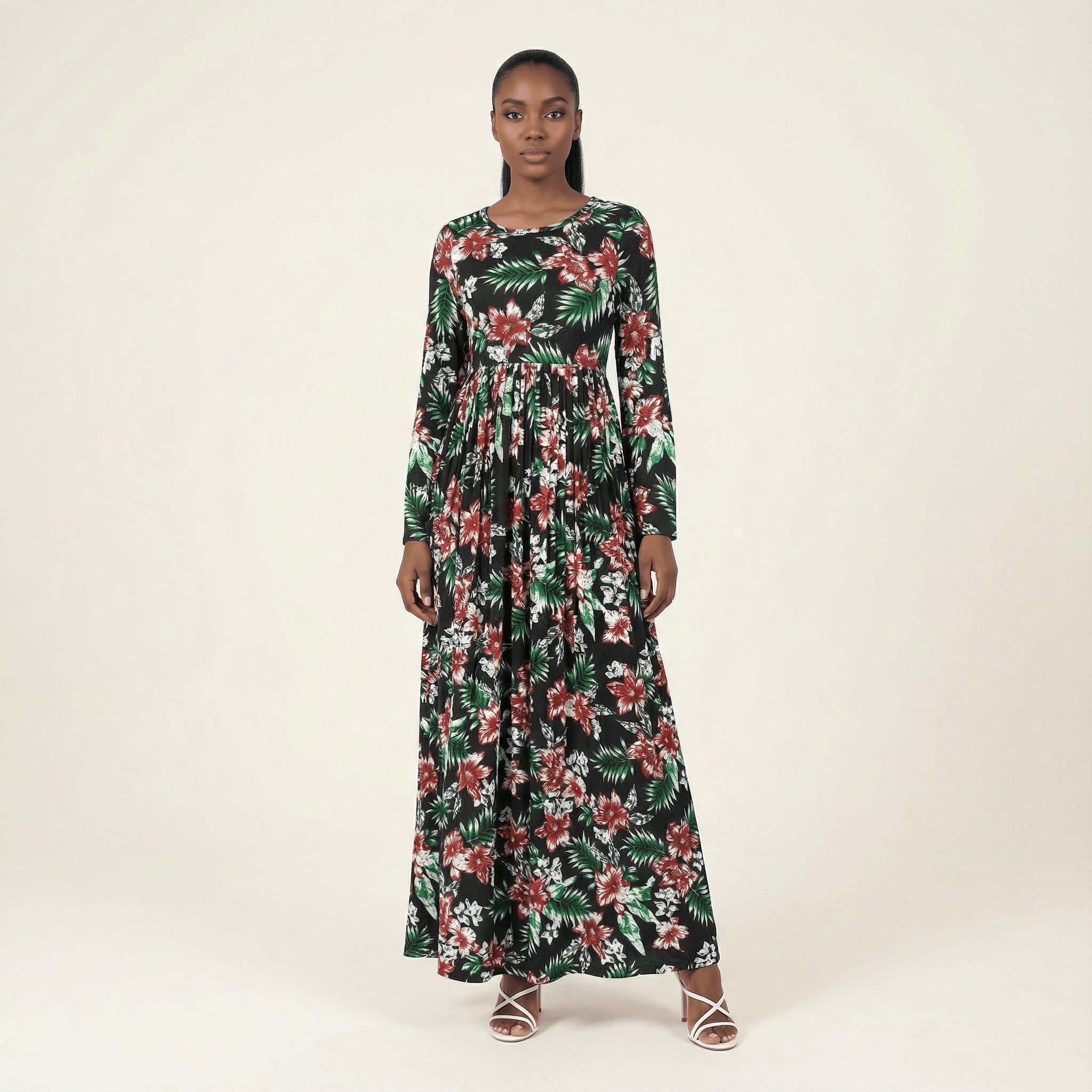 Nell Seasonal Palm-Print Pleated Maxi Dress