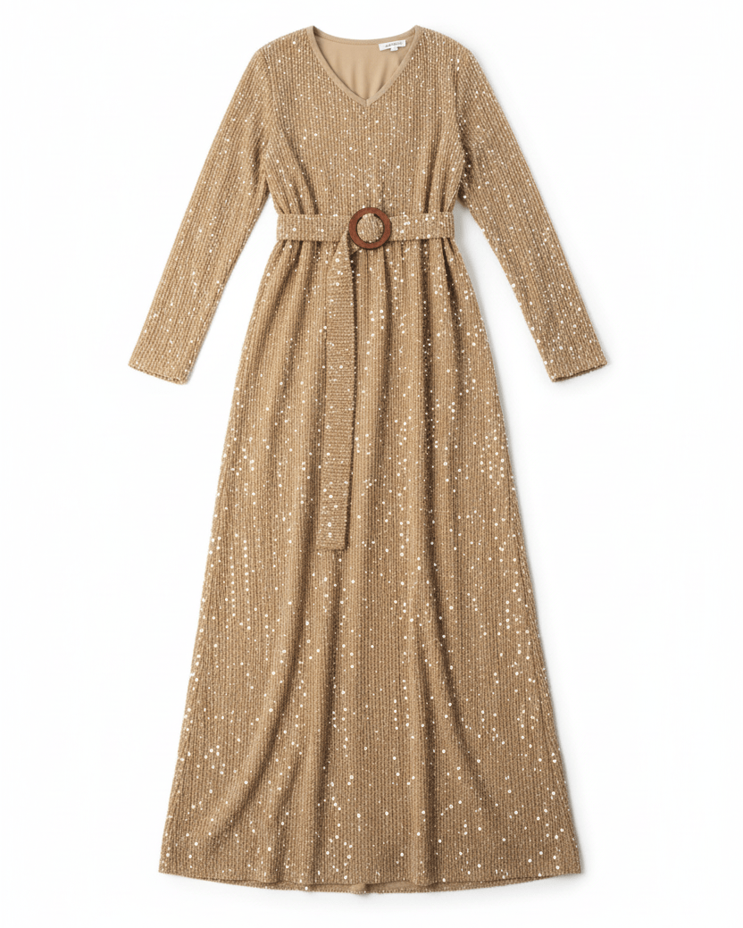 Emberlynn Mocha Sequin-Knit Long-Sleeve Maxi Dress