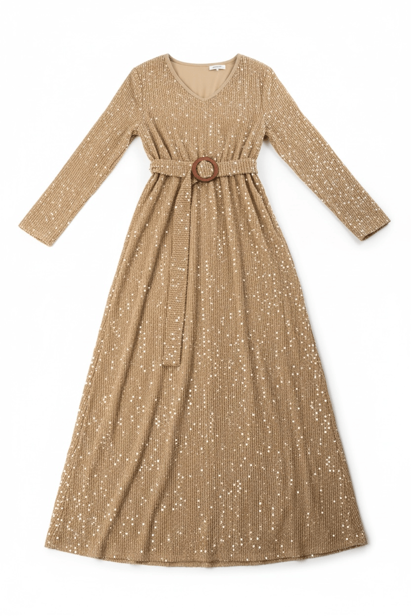 Emberlynn Mocha Sequin-Knit Long-Sleeve Maxi Dress