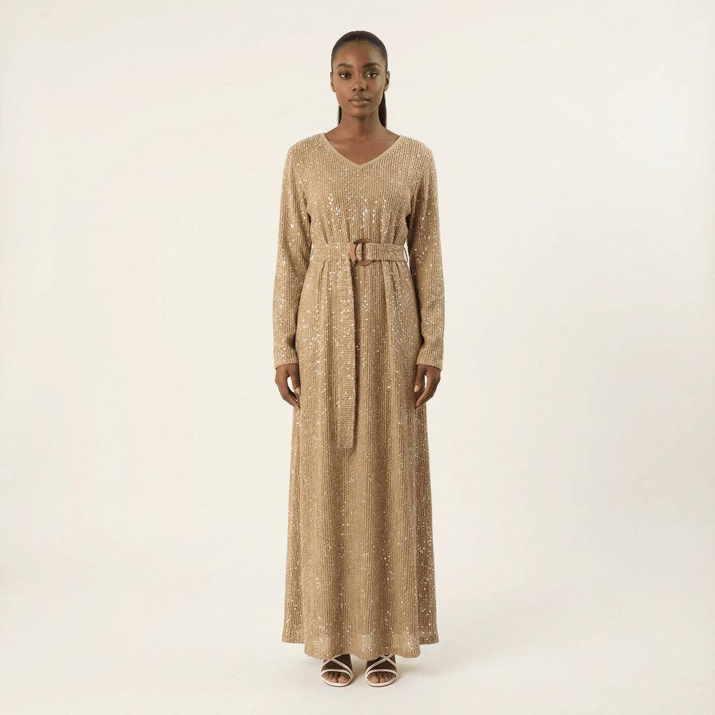 Emberlynn Mocha Sequin-Knit Long-Sleeve Maxi Dress