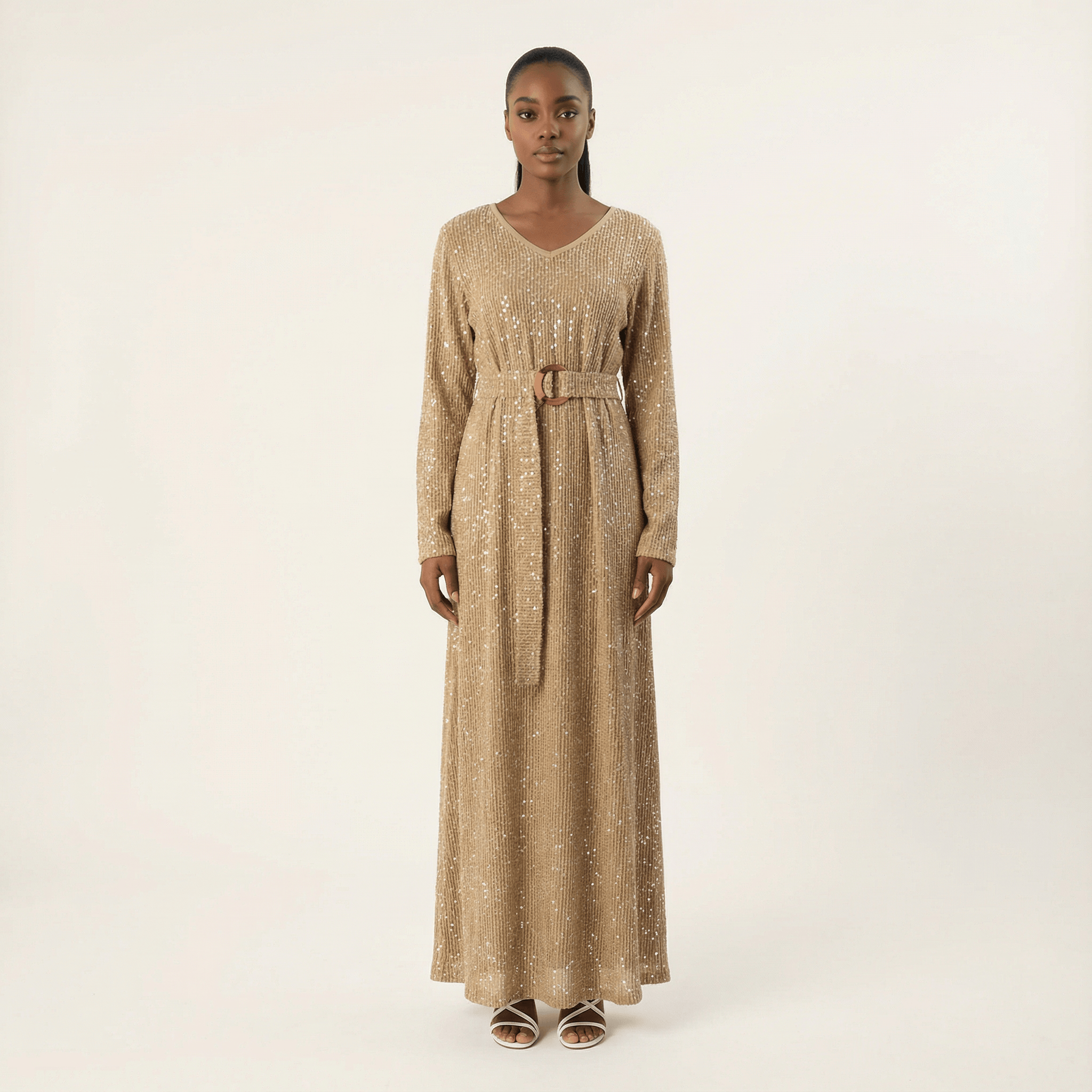 Emberlynn Mocha Sequin-Knit Long-Sleeve Maxi Dress