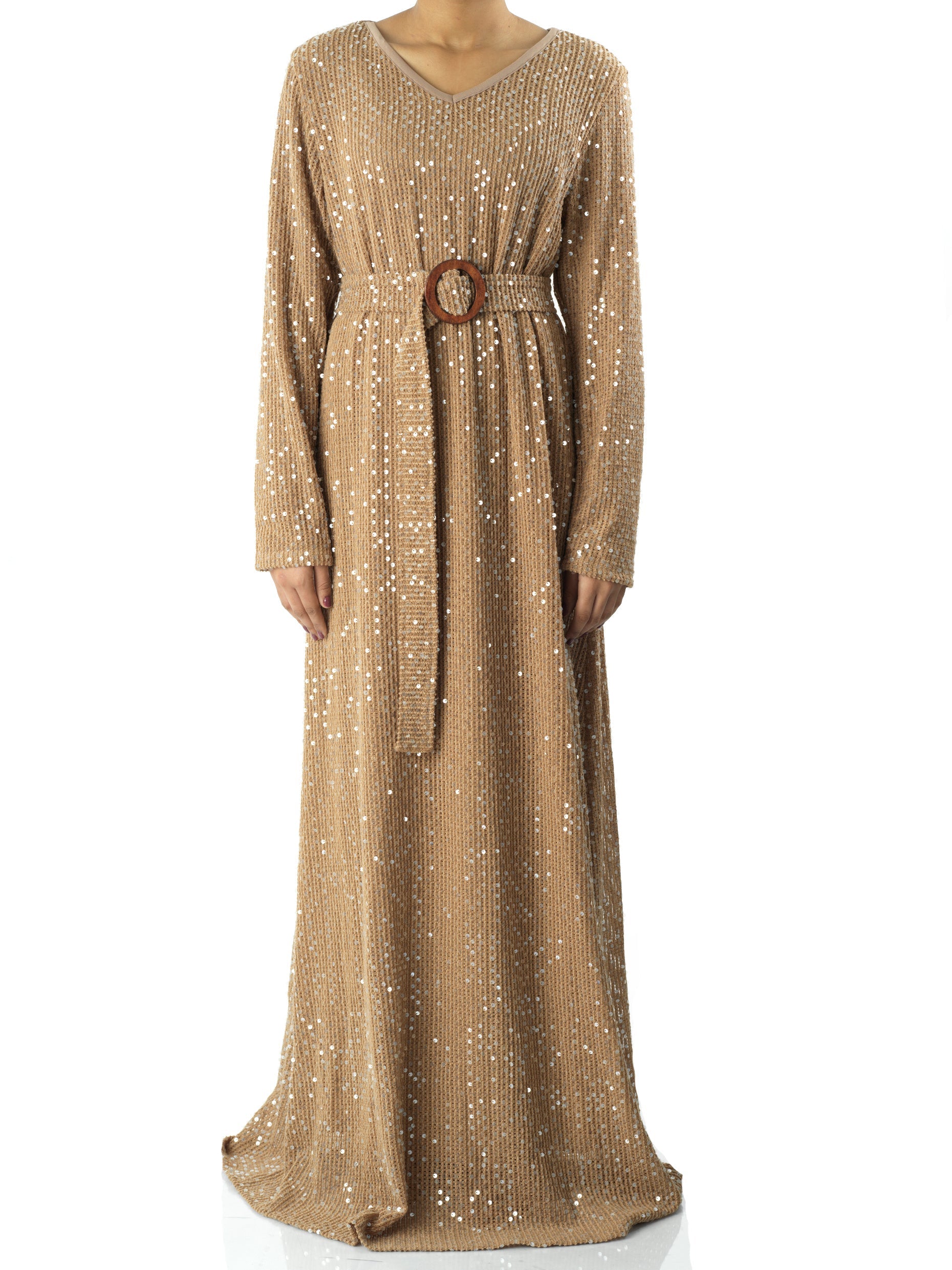 Emberlynn Mocha Sequin-Knit Long-Sleeve Maxi Dress