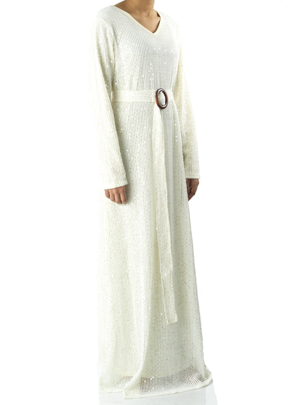 Emberlynn Ivory Sequin-Knit Long-Sleeve Maxi Dress