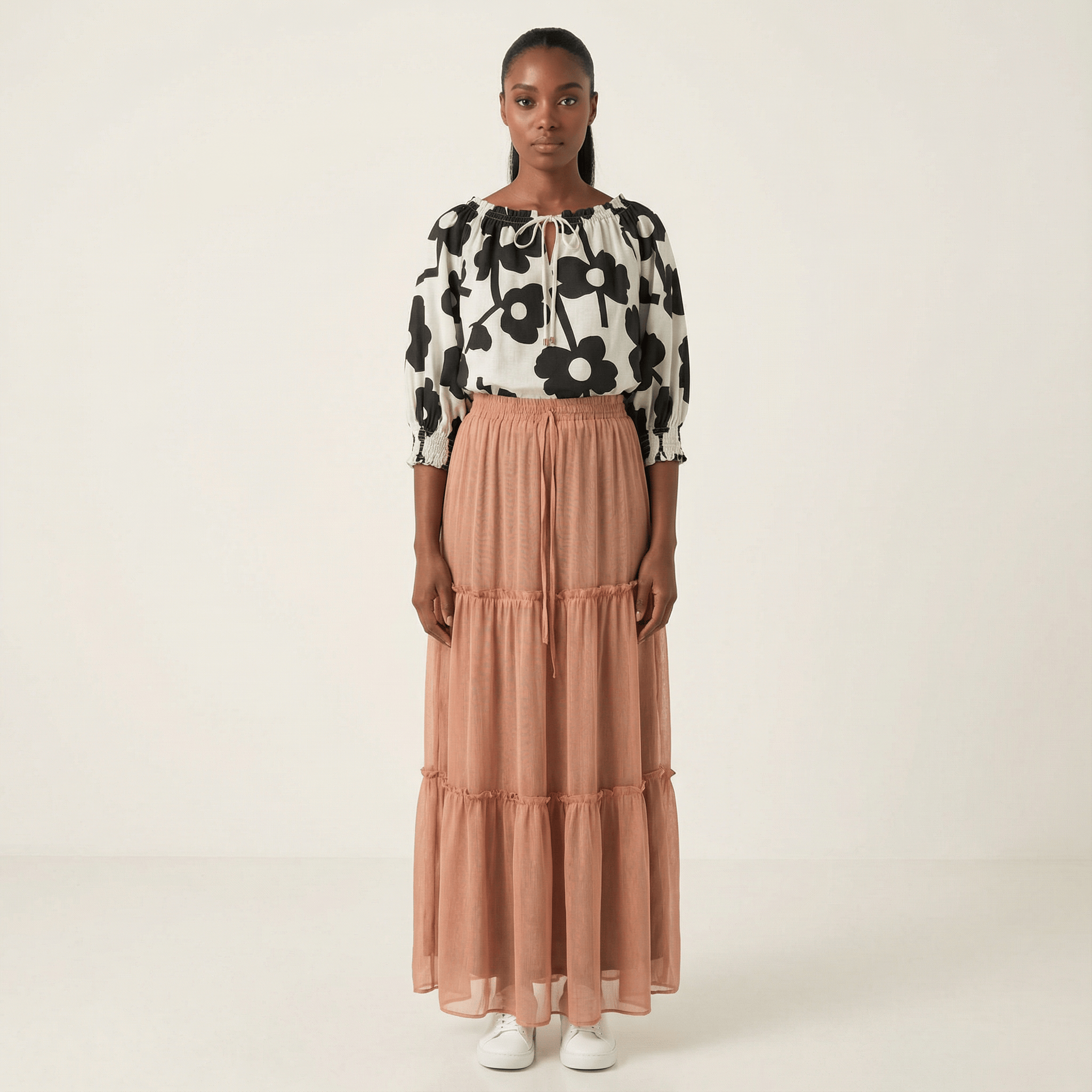 Willa Blush Shimmer Tiered Maxi Skirt