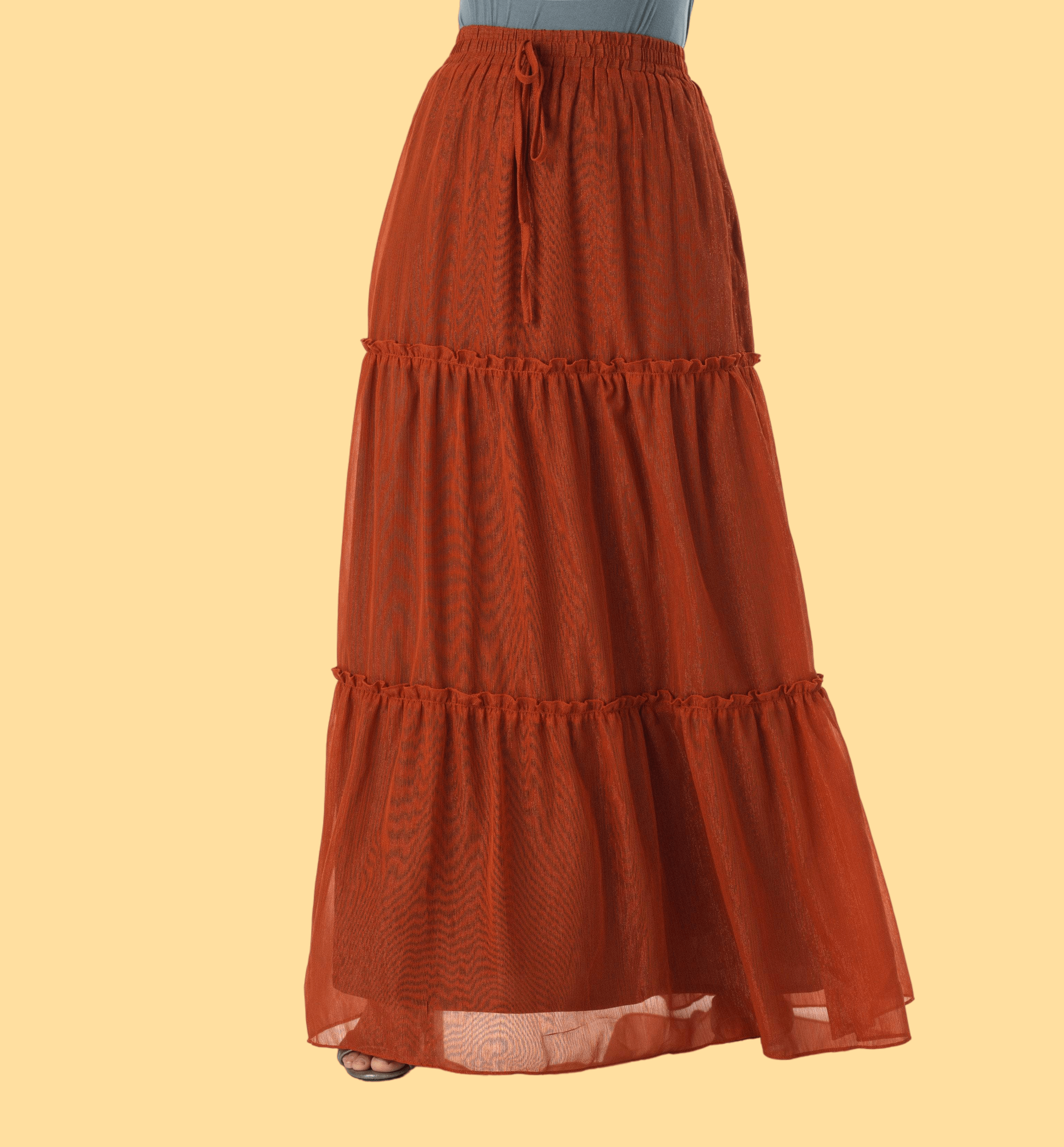 Winnie Rust-orange Shimmer Tiered Maxi Skirt