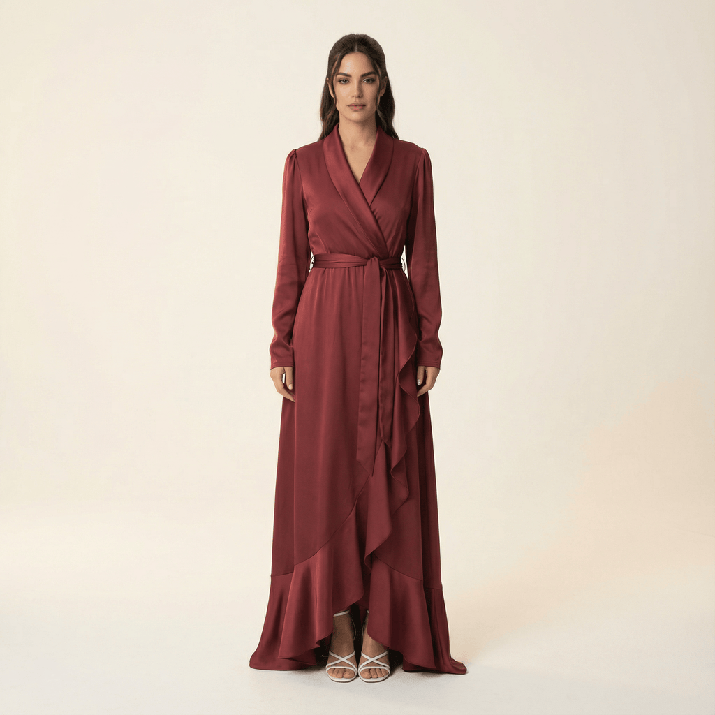 Emberly Maroon Wrapped Satin Maxi Dress