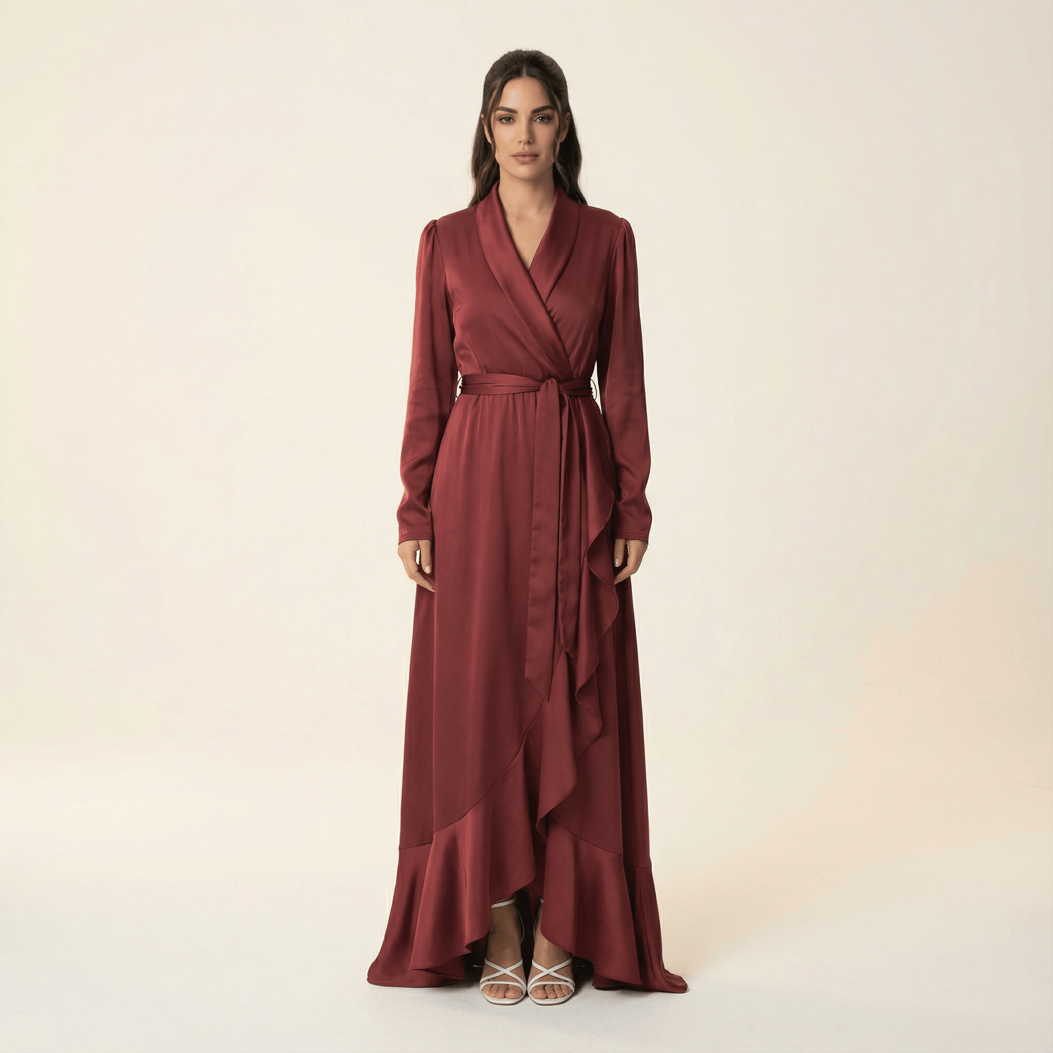 Emberly Maroon Wrapped Satin Maxi Dress