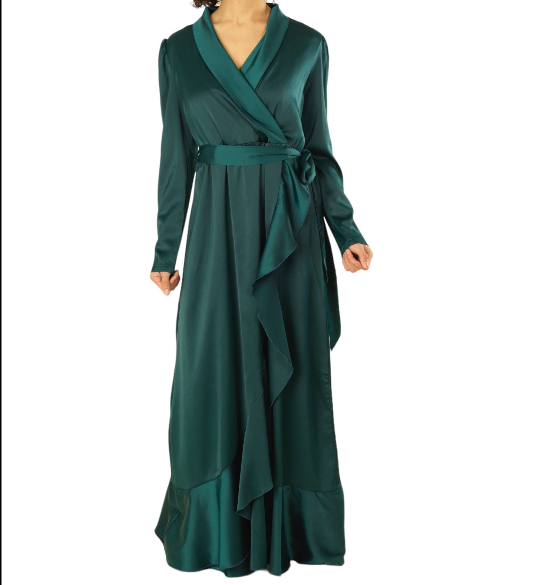 Emberly Emerald Green Wrapped Satin Maxi Dress