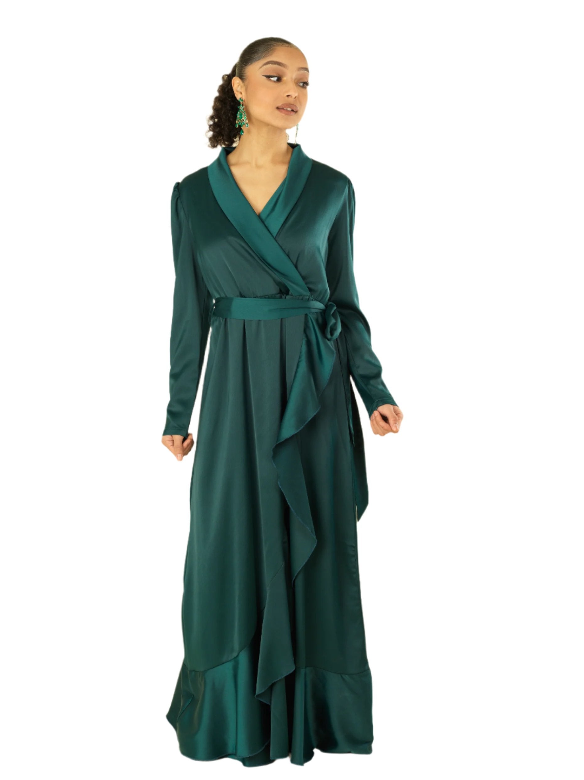 Emberly Emerald Green Wrapped Satin Maxi Dress
