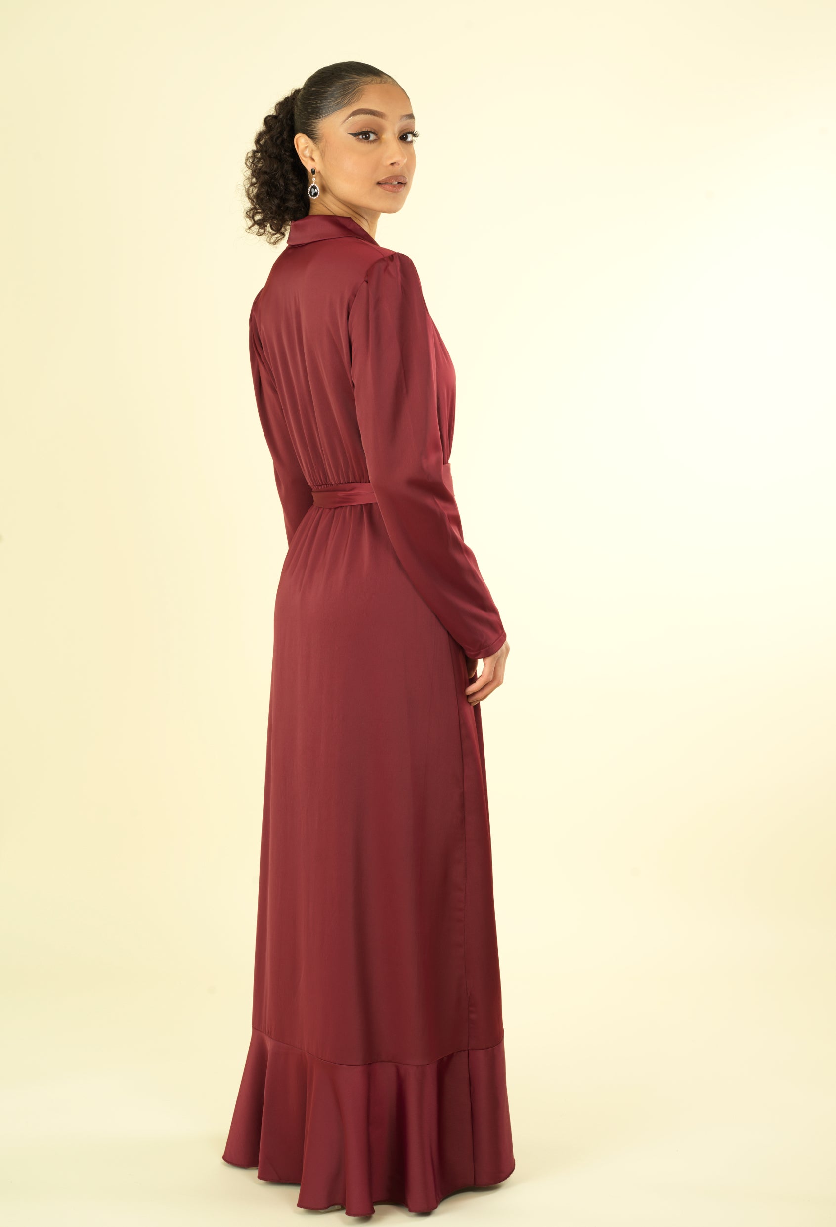 Emberly Maroon Wrapped Satin Maxi Dress