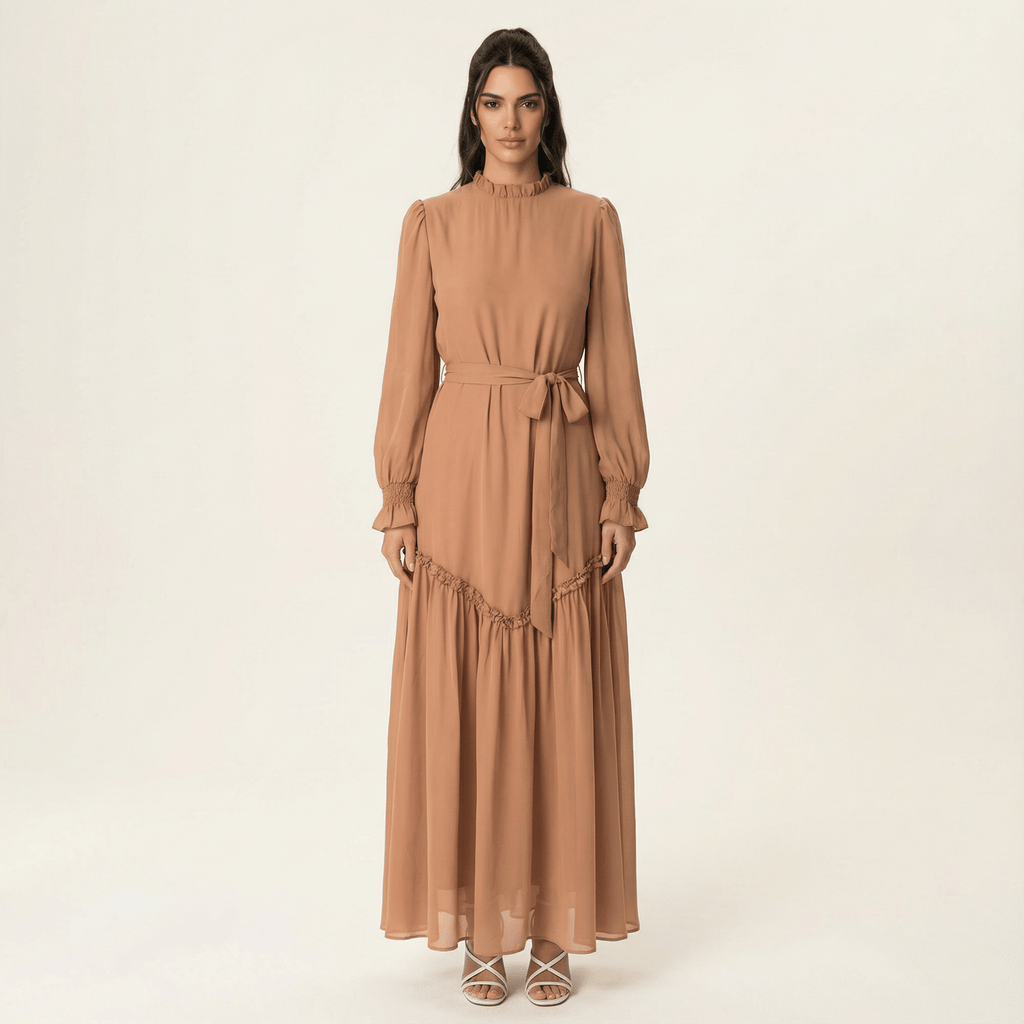Fiora Soft High-Neck Long-Sleeve Maxi Dress