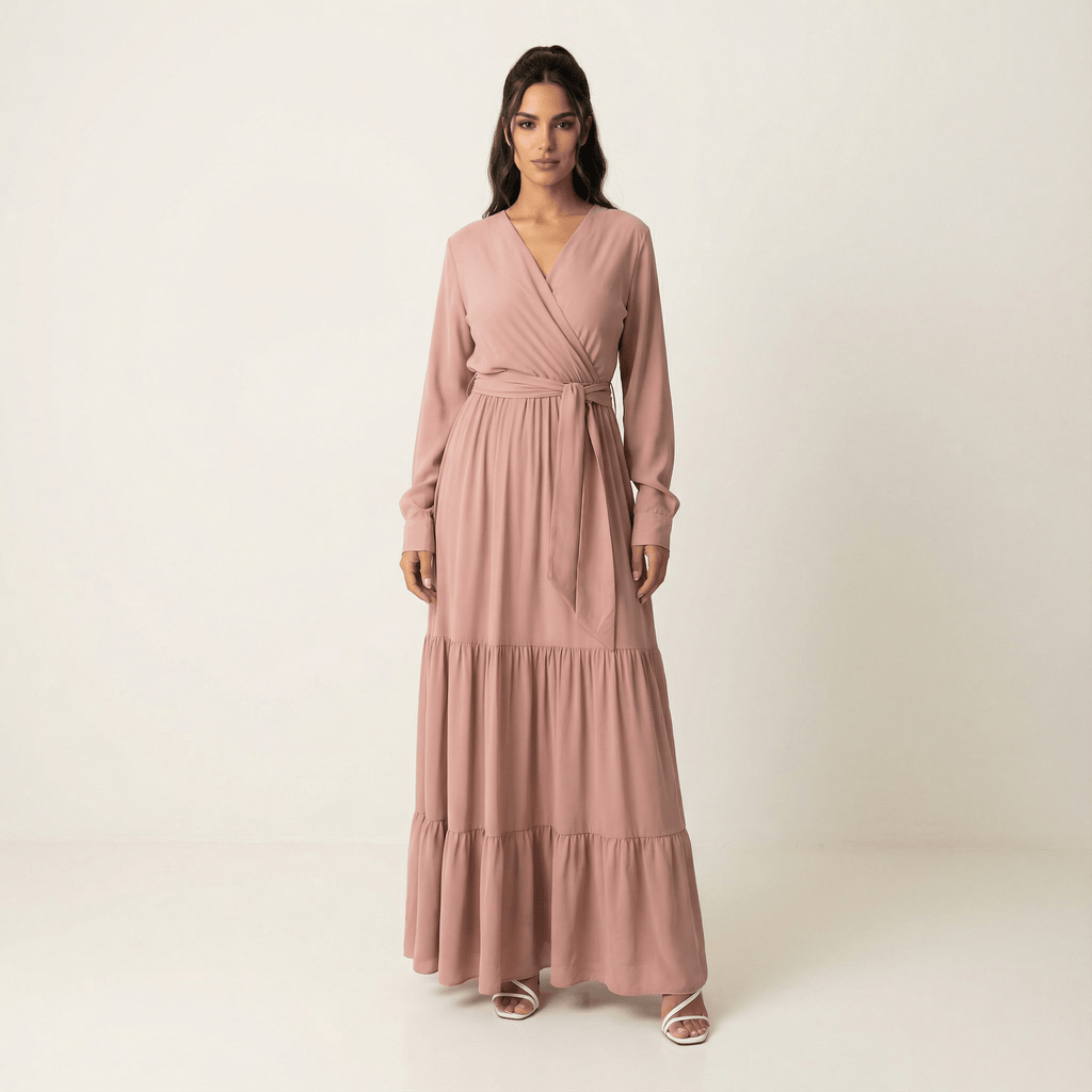 Margo Mauve V-Neck Chiffon Tiered Maxi Dress