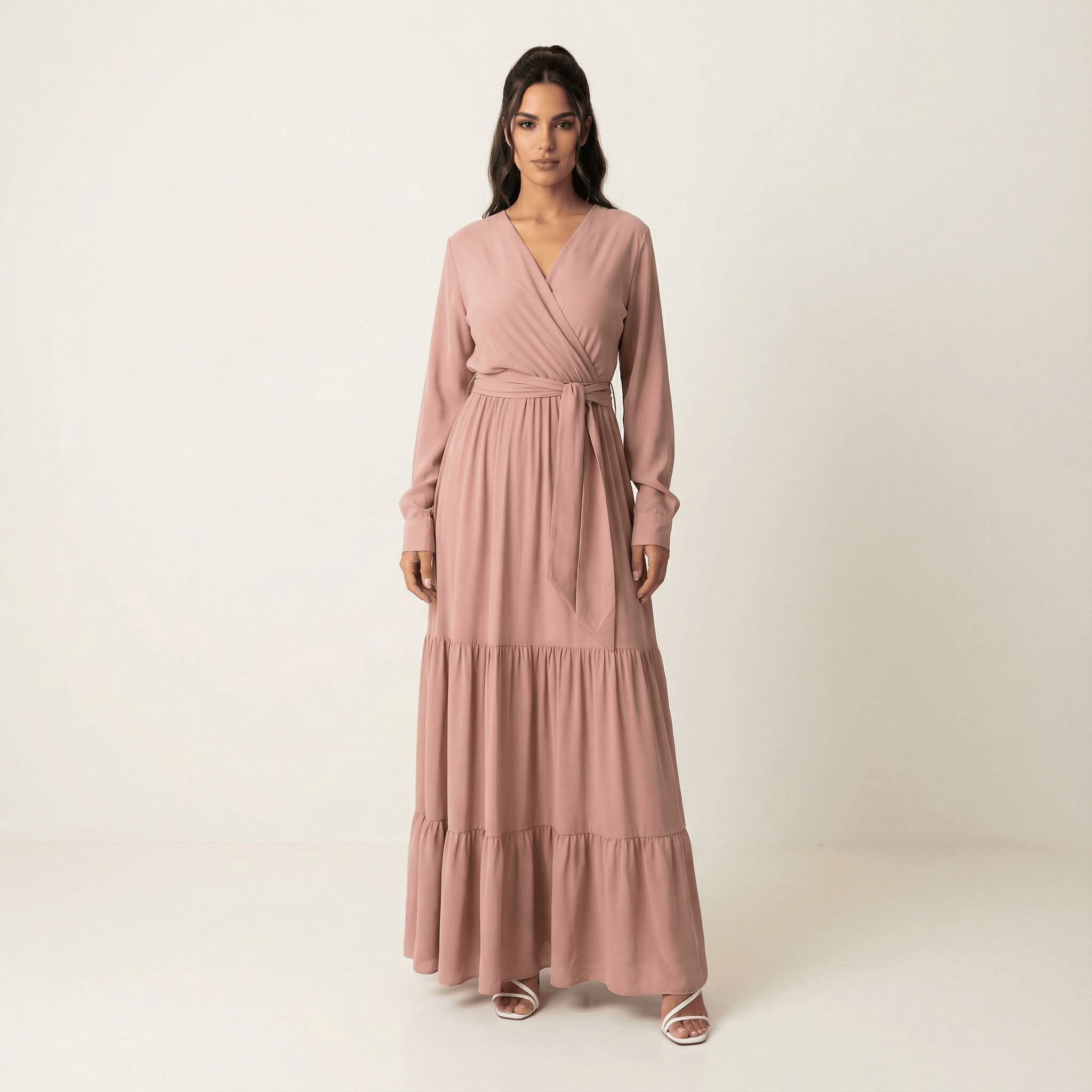Margo Mauve V-Neck Chiffon Tiered Maxi Dress