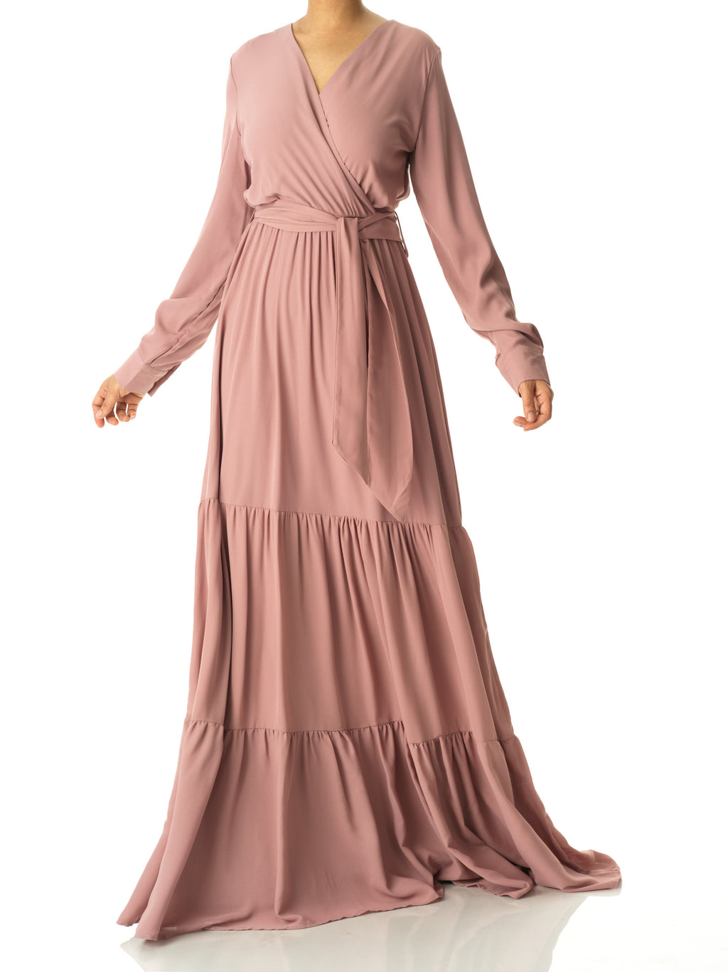 Margo Mauve V-Neck Chiffon Tiered Maxi Dress