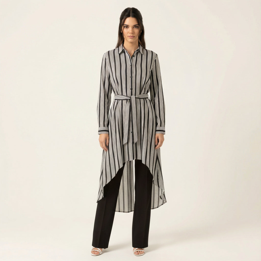 Raelyn Black Striped Linen Hi-Low Button-Down Top