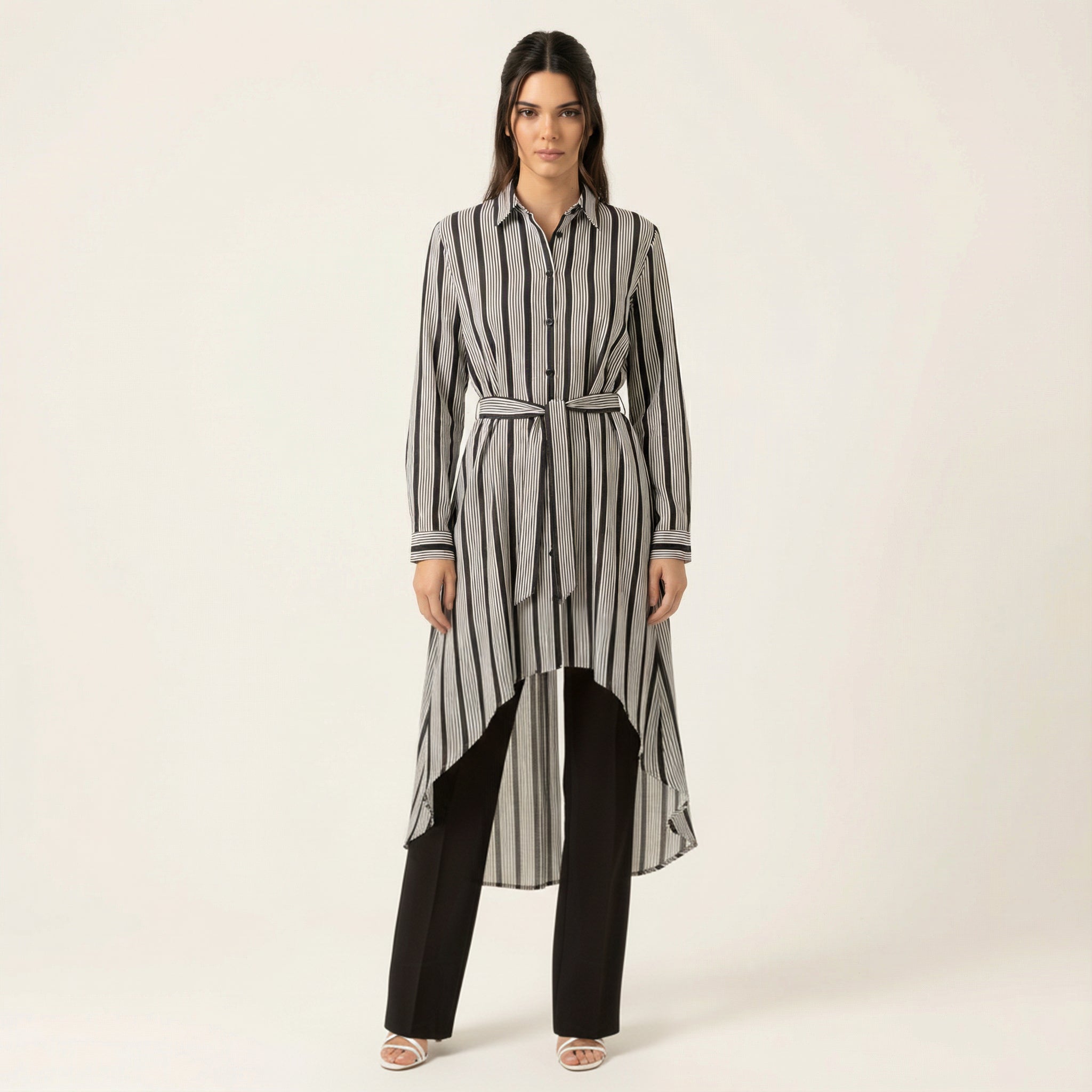 Raelyn Black Striped Linen Hi-Low Button-Down Top