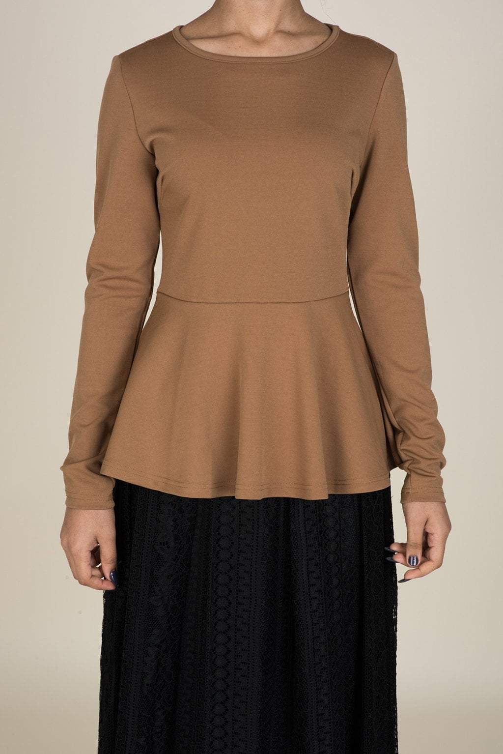 Quinn Tan Long-Sleeve Peplum Top
