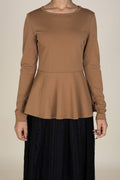 Quinn Tan Long-Sleeve Peplum Top