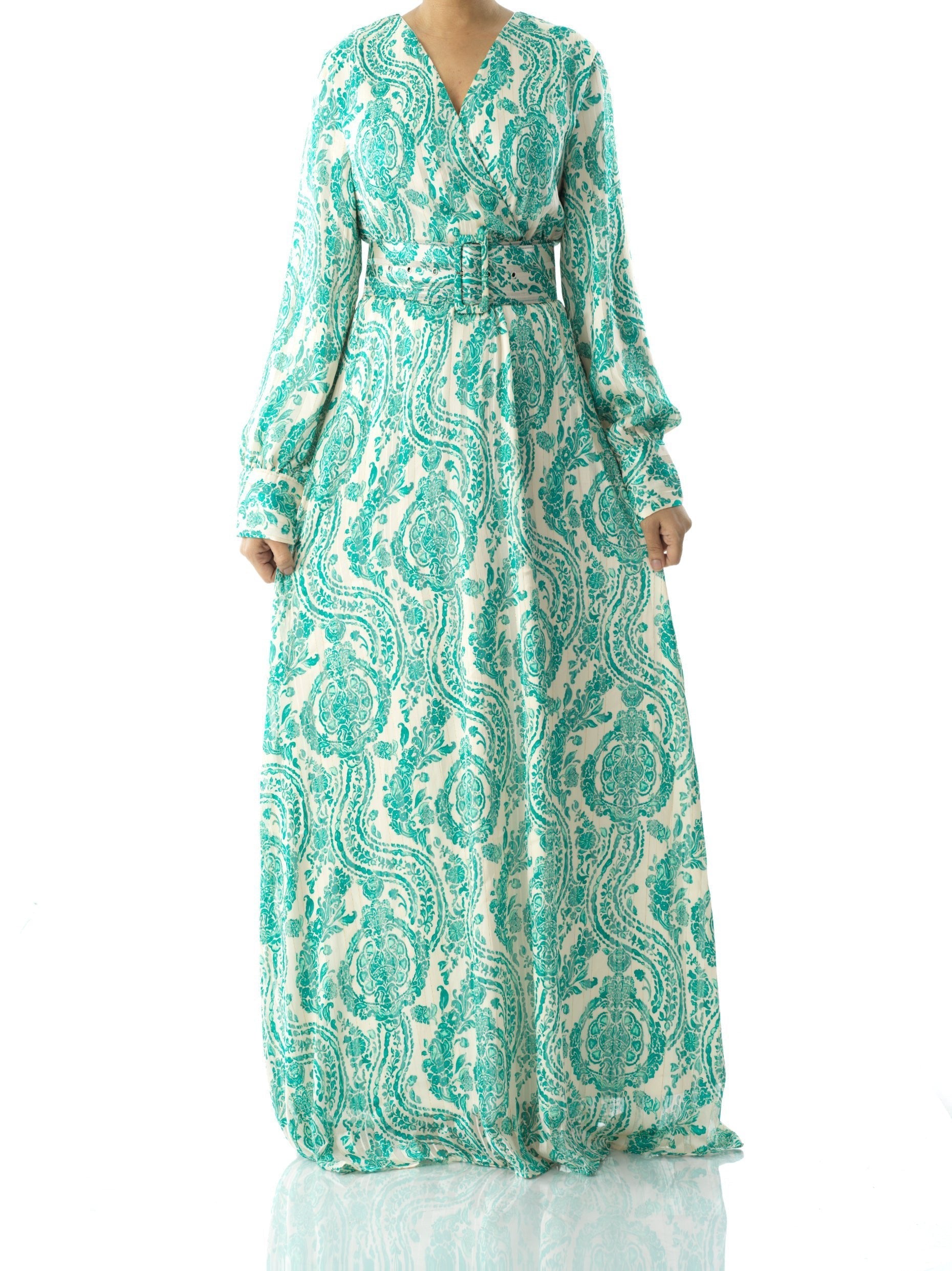 Marlow Teal Print V-Neck Chiffon Maxi Dress
