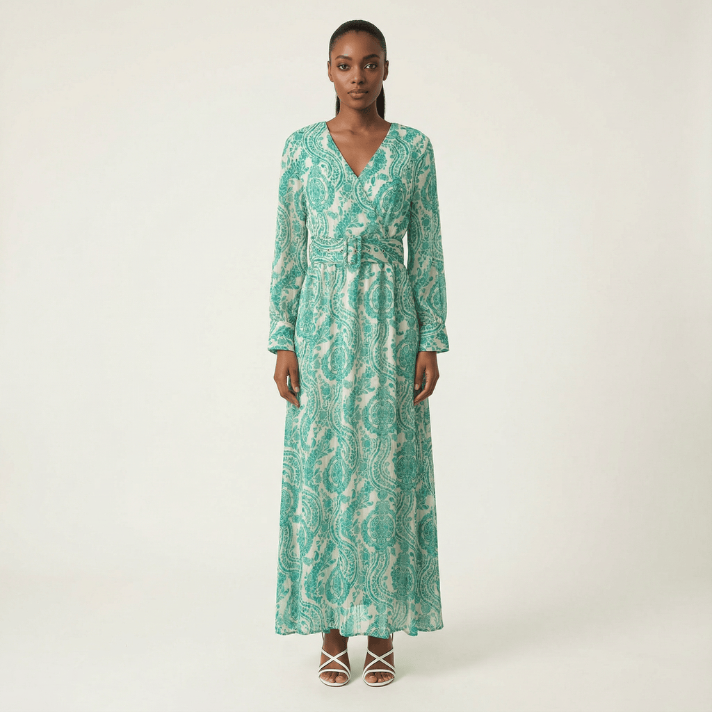 Marlow Teal Print V-Neck Chiffon Maxi Dress