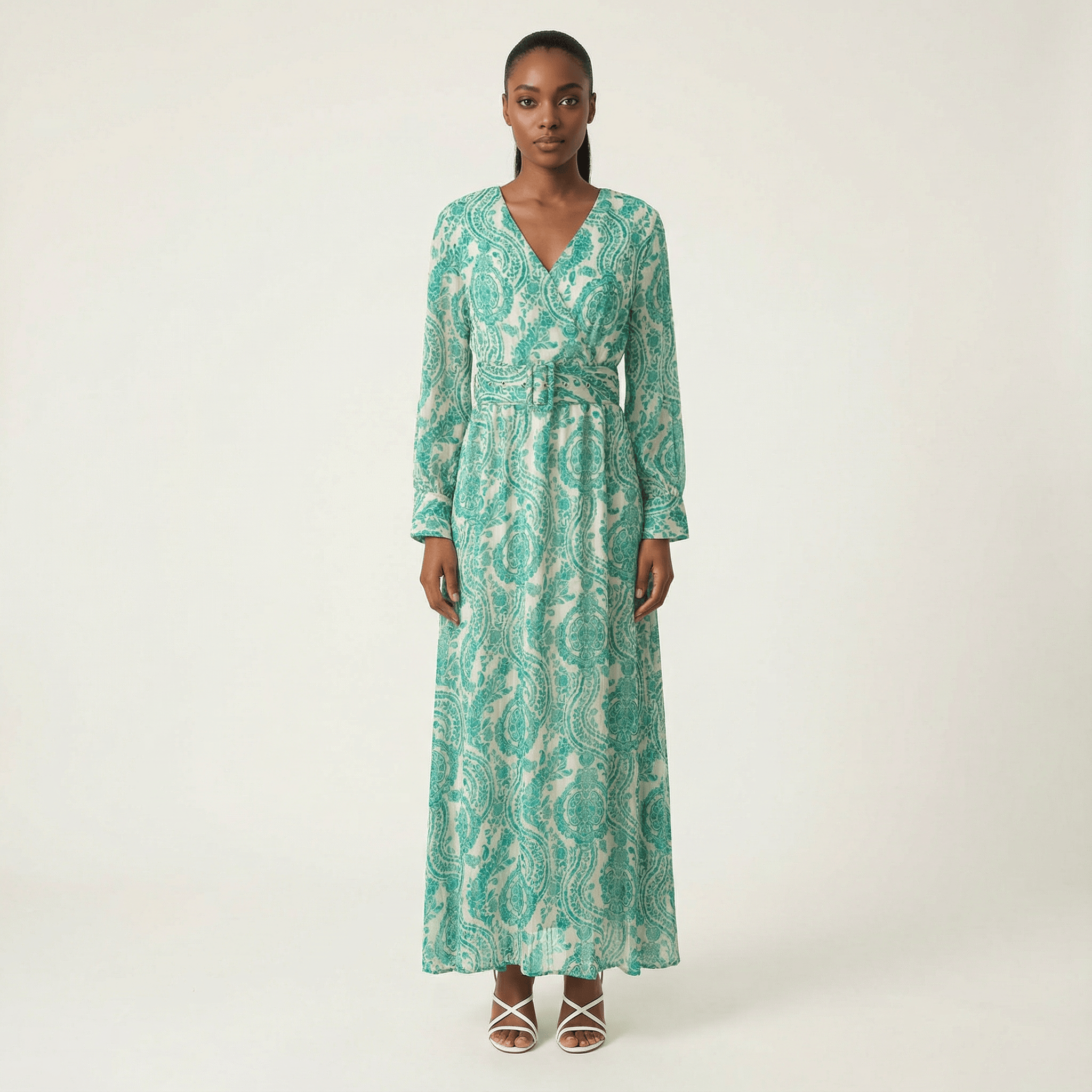 Marlow Teal Print V-Neck Chiffon Maxi Dress